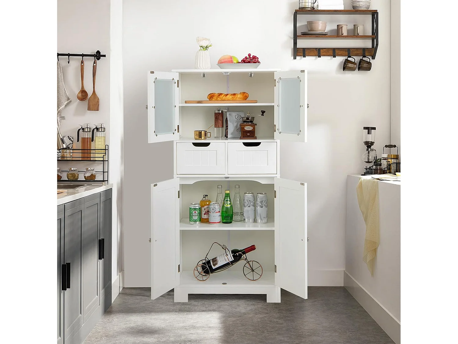 Meuble de Salle de Bain à 4 Portes 2 Tiroirs, Colonne Salle de Bain Armoire Haute avec Étagères Réglables pour Salon, Cuisine, 30 x 60 x 128 cm, Blanc