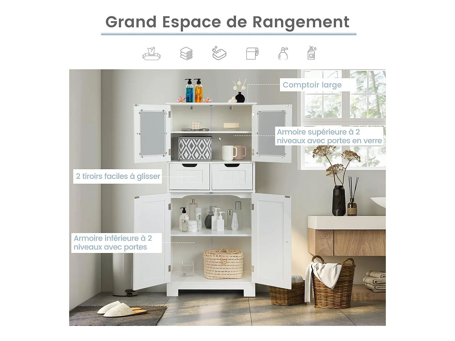 Meuble de Salle de Bain à 4 Portes 2 Tiroirs, Colonne Salle de Bain Armoire Haute avec Étagères Réglables pour Salon, Cuisine, 30 x 60 x 128 cm, Blanc