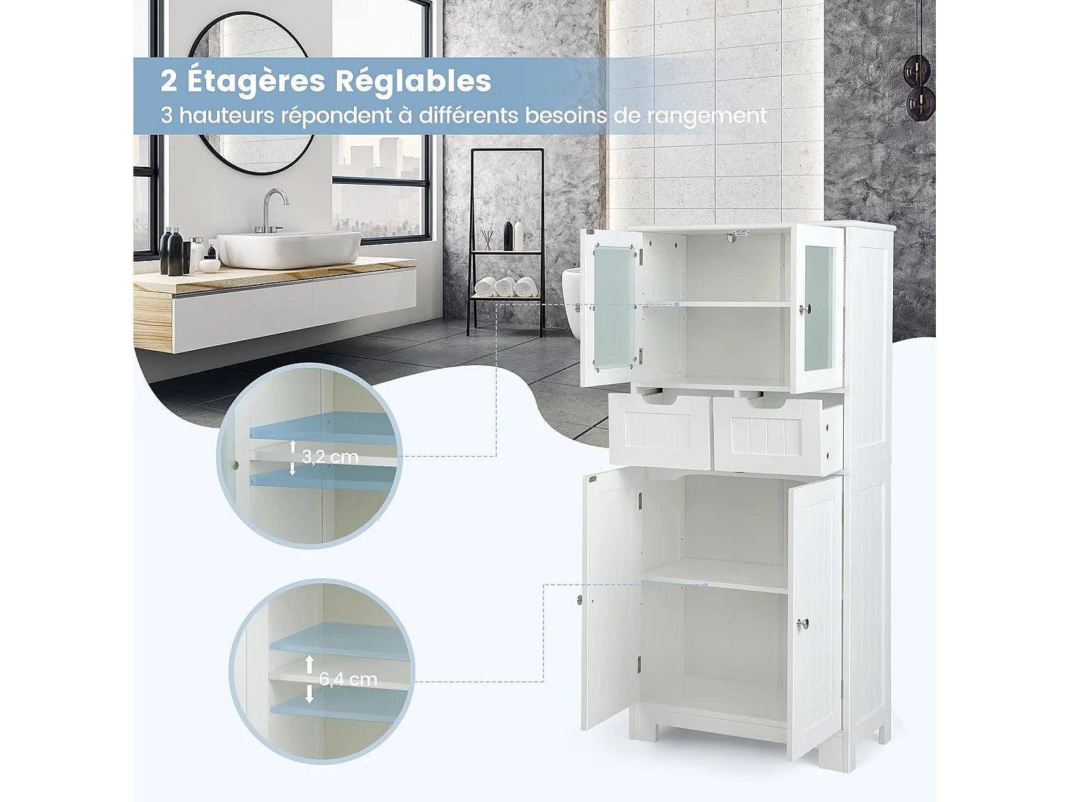 Meuble de Salle de Bain à 4 Portes 2 Tiroirs, Colonne Salle de Bain Armoire Haute avec Étagères Réglables pour Salon, Cuisine, 30 x 60 x 128 cm, Blanc