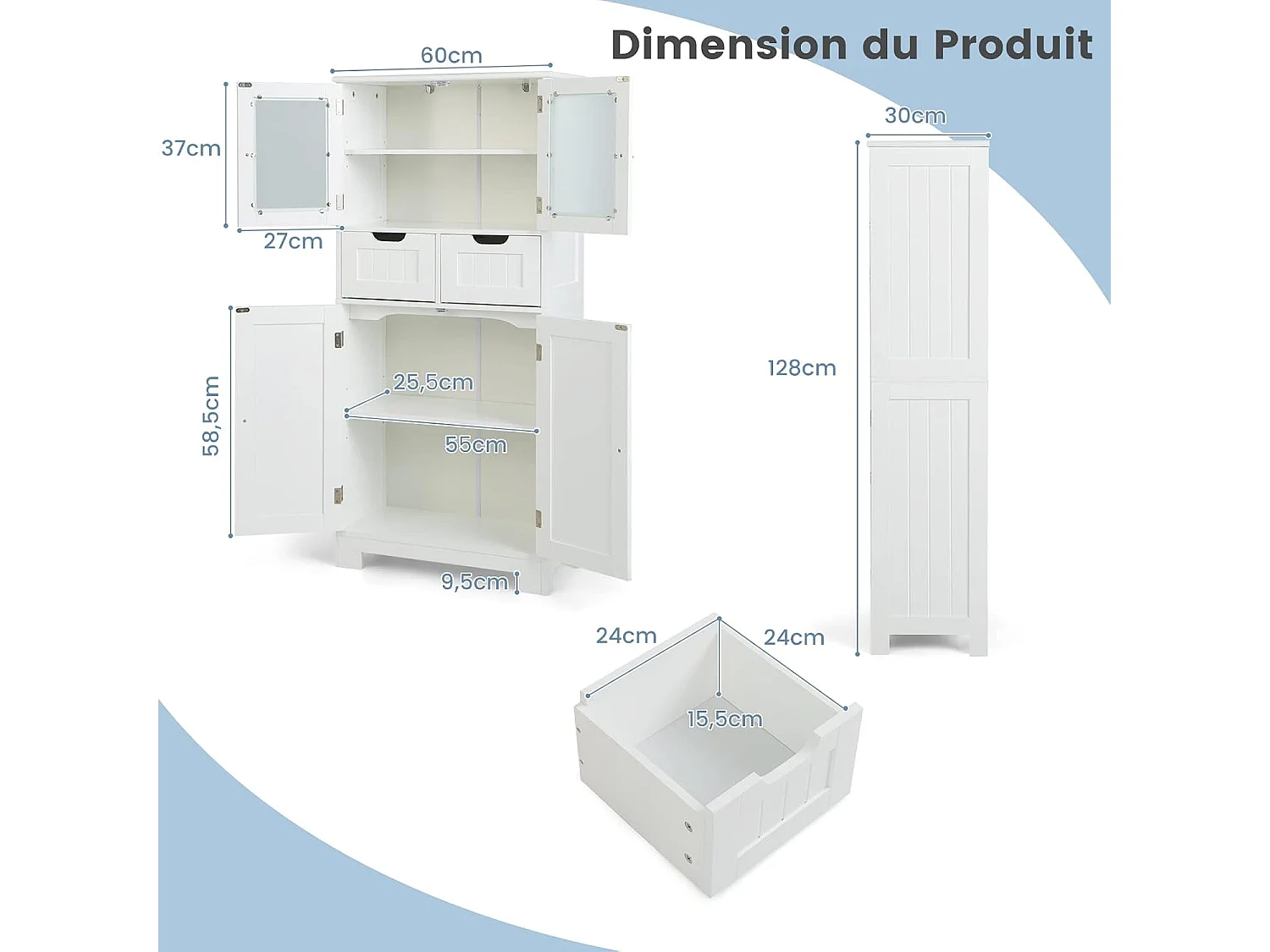 Badkamermeubel met 4 deuren 2 lades, badkamerkolomhoge kast met verstelbare planken voor woonkamer, keuken, 30 x 60 x 128 cm, wit