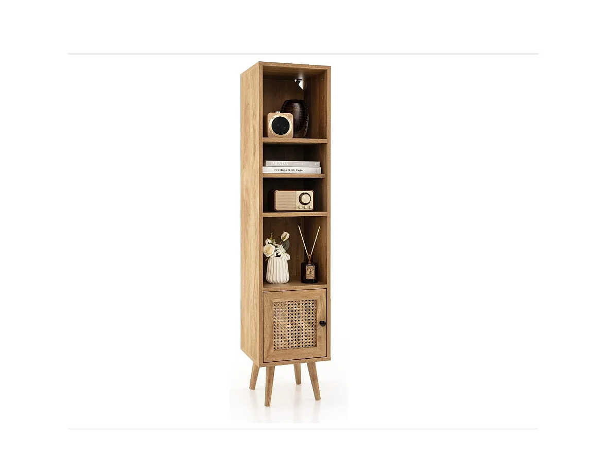 Meuble Colonne de Rangement avec Porte Rotin et Pieds en Bois Massif, Meuble de Salle de Bain Étagère Réglable, Style Bohème, pour Salon, Cuisine, Chambre, 29,5x29,5x137cm