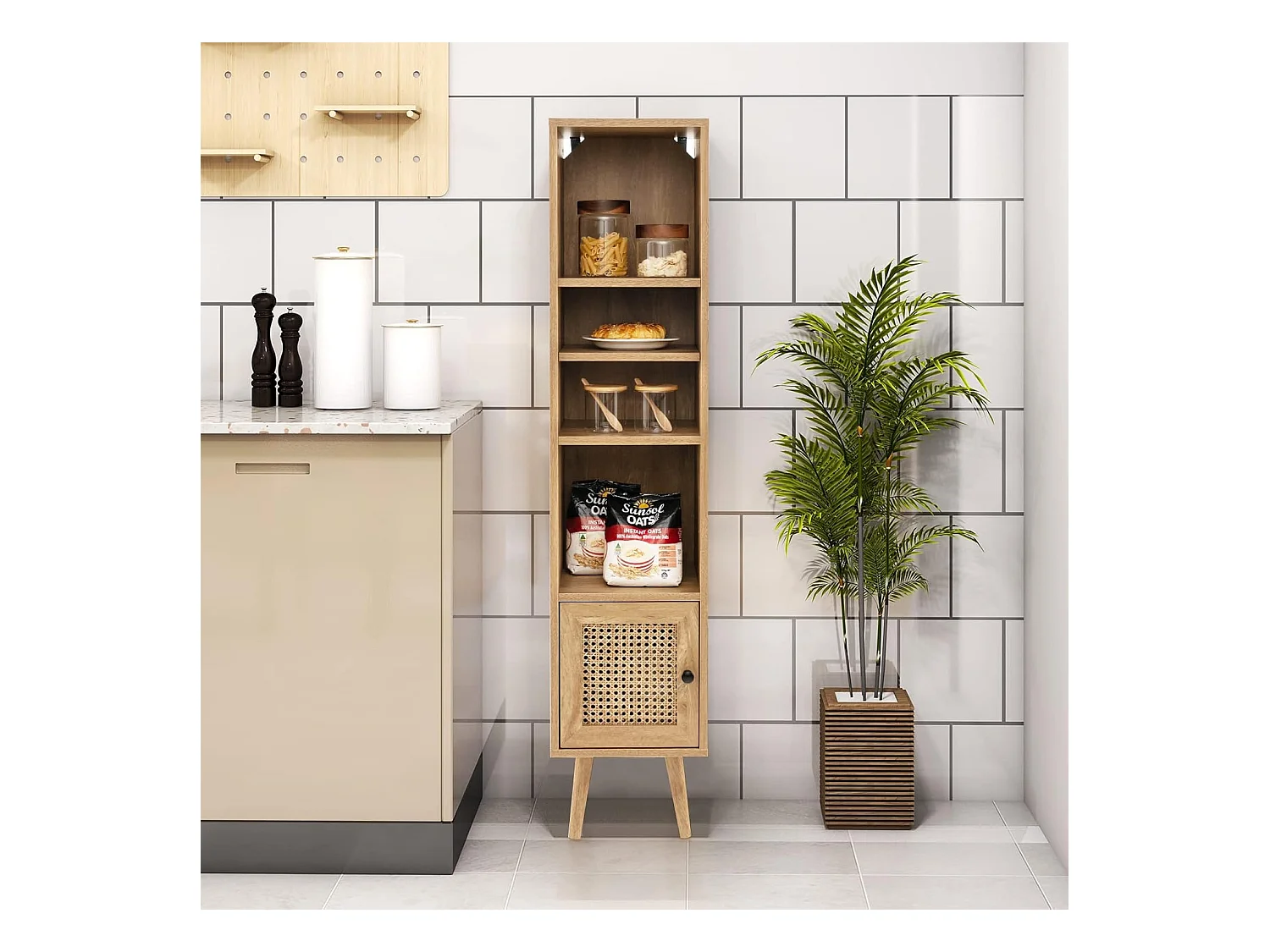 Meuble Colonne de Rangement avec Porte Rotin et Pieds en Bois Massif, Meuble de Salle de Bain Étagère Réglable, Style Bohème, pour Salon, Cuisine, Chambre, 29,5x29,5x137cm