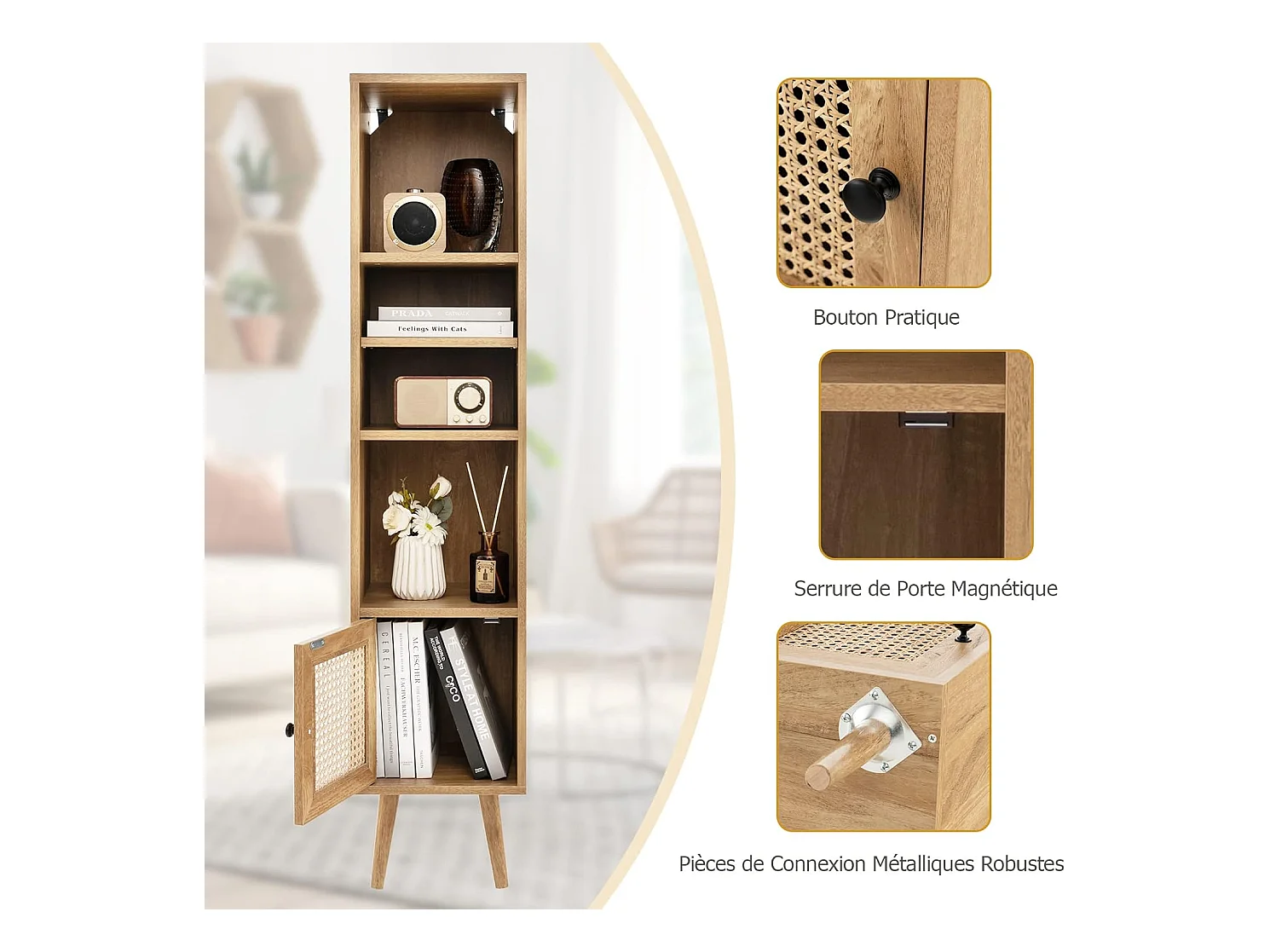 Meuble Colonne de Rangement avec Porte Rotin et Pieds en Bois Massif, Meuble de Salle de Bain Étagère Réglable, Style Bohème, pour Salon, Cuisine, Chambre, 29,5x29,5x137cm
