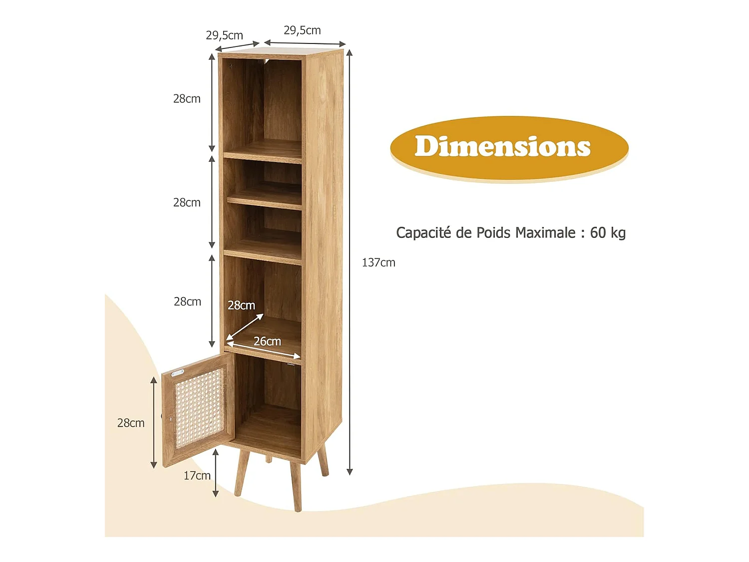 Meuble Colonne de Rangement avec Porte Rotin et Pieds en Bois Massif, Meuble de Salle de Bain Étagère Réglable, Style Bohème, pour Salon, Cuisine, Chambre, 29,5x29,5x137cm