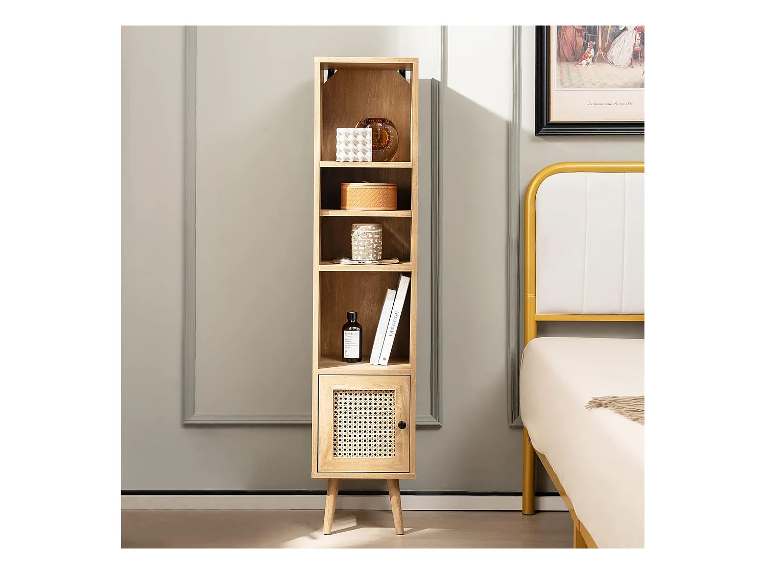 Meuble Colonne de Rangement avec Porte Rotin et Pieds en Bois Massif, Meuble de Salle de Bain Étagère Réglable, Style Bohème, pour Salon, Cuisine, Chambre, 29,5x29,5x137cm