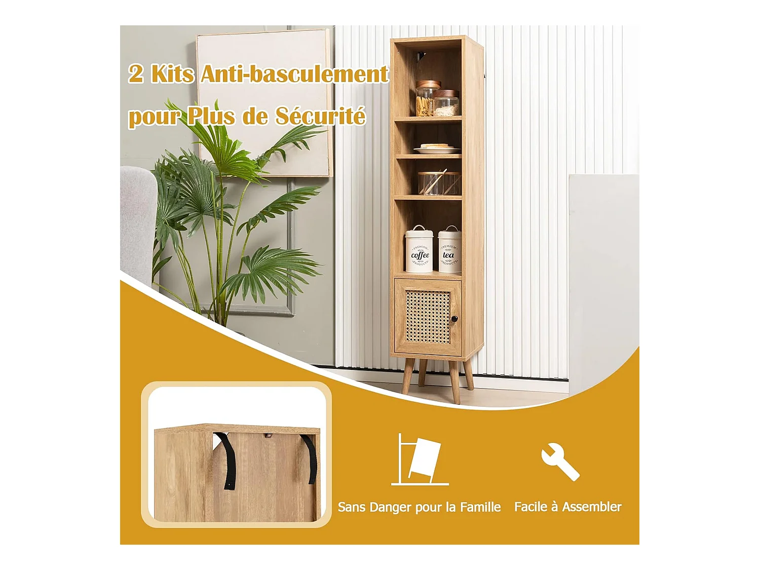Meuble Colonne de Rangement avec Porte Rotin et Pieds en Bois Massif, Meuble de Salle de Bain Étagère Réglable, Style Bohème, pour Salon, Cuisine, Chambre, 29,5x29,5x137cm