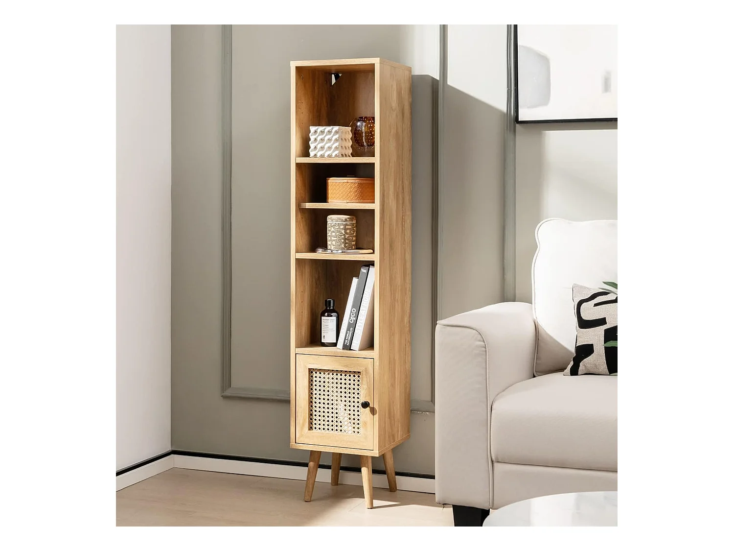 Meuble Colonne de Rangement avec Porte Rotin et Pieds en Bois Massif, Meuble de Salle de Bain Étagère Réglable, Style Bohème, pour Salon, Cuisine, Chambre, 29,5x29,5x137cm