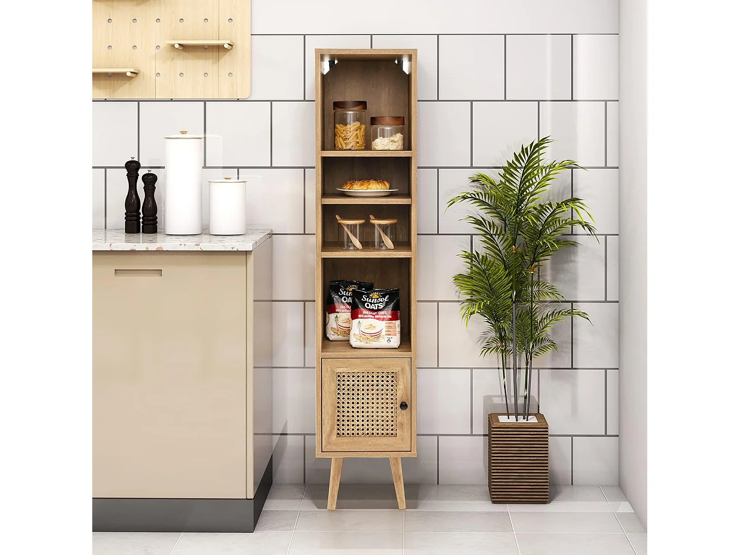 Meuble Colonne de Rangement avec Porte Rotin et Pieds en Bois Massif, Meuble de Salle de Bain Étagère Réglable, Style Bohème, pour Salon, Cuisine, Chambre, 29,5x29,5x137cm