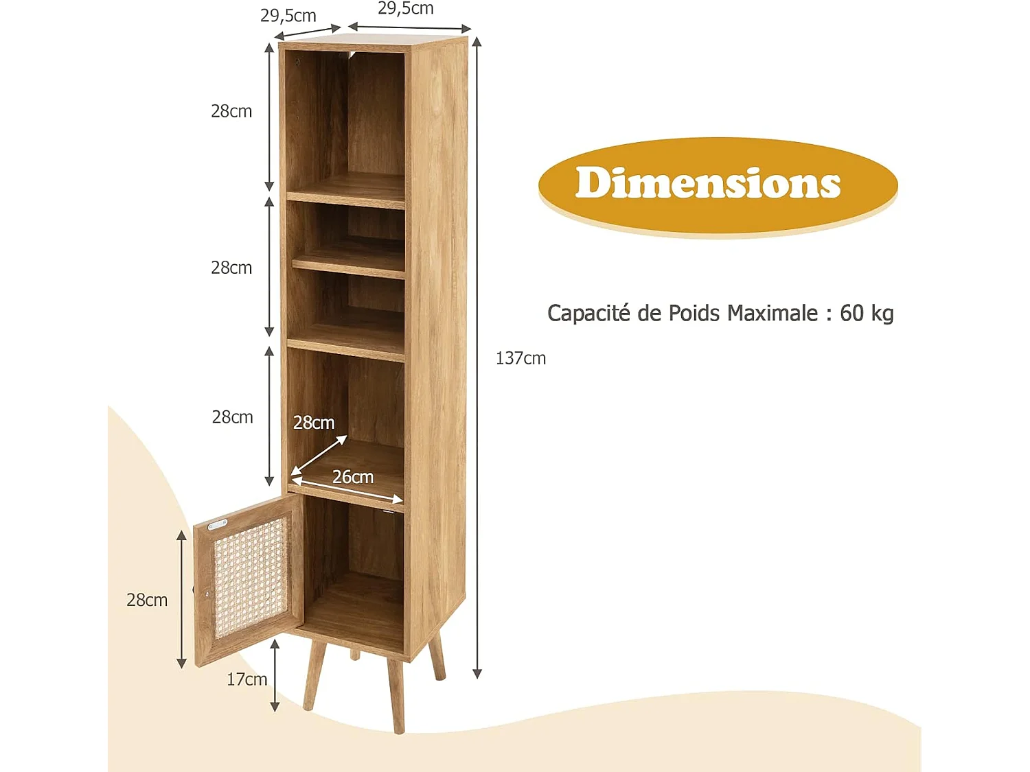 Meuble Colonne de Rangement avec Porte Rotin et Pieds en Bois Massif, Meuble de Salle de Bain Étagère Réglable, Style Bohème, pour Salon, Cuisine, Chambre, 29,5x29,5x137cm