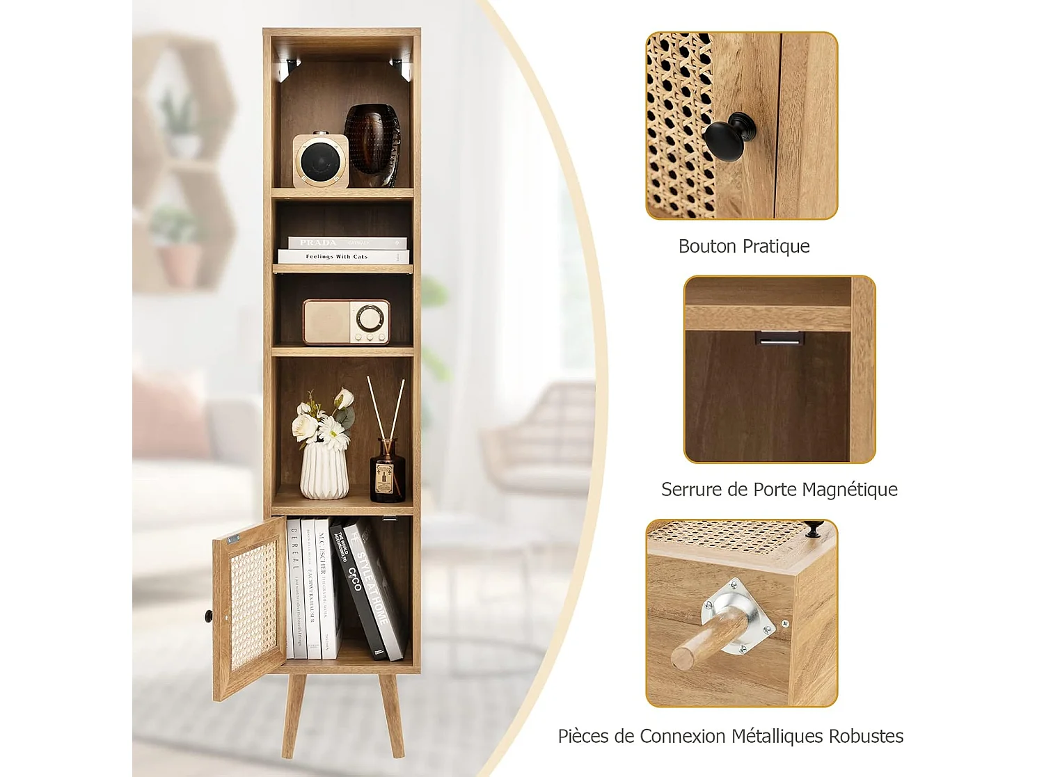 Opbergkolommeubels met rotandeur en massief houten poten, badkamermeubel verstelbare plank, Boheemse stijl, voor woonkamer, keuken, slaapkamer, 29,5x29,5x137cm