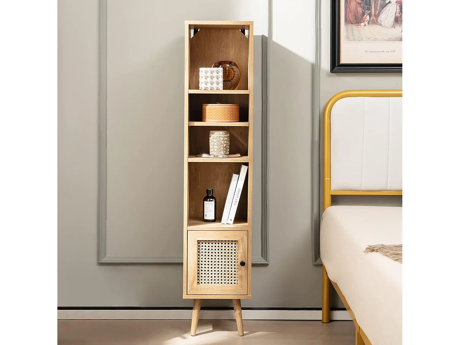 Opbergkolommeubels met rotandeur en massief houten poten, badkamermeubel verstelbare plank, Boheemse stijl, voor woonkamer, keuken, slaapkamer, 29,5x29,5x137cm