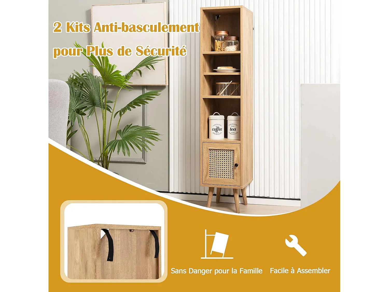 Opbergkolommeubels met rotandeur en massief houten poten, badkamermeubel verstelbare plank, Boheemse stijl, voor woonkamer, keuken, slaapkamer, 29,5x29,5x137cm