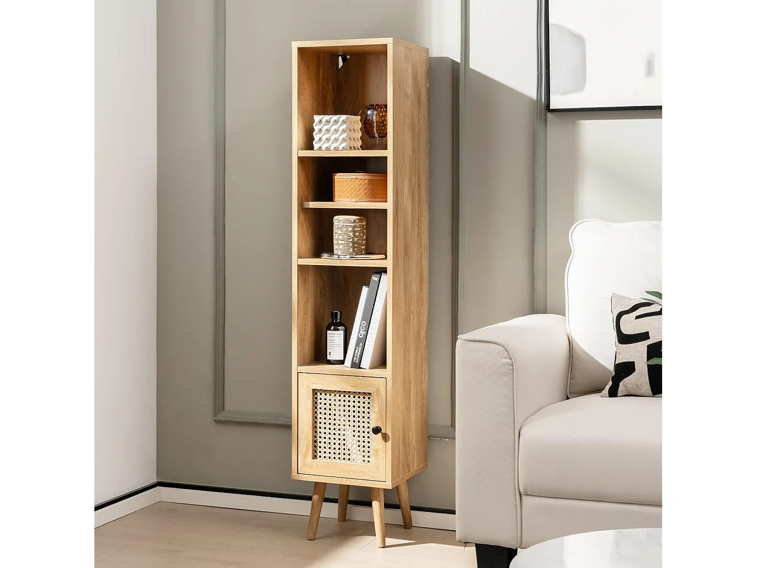 Opbergkolommeubels met rotandeur en massief houten poten, badkamermeubel verstelbare plank, Boheemse stijl, voor woonkamer, keuken, slaapkamer, 29,5x29,5x137cm