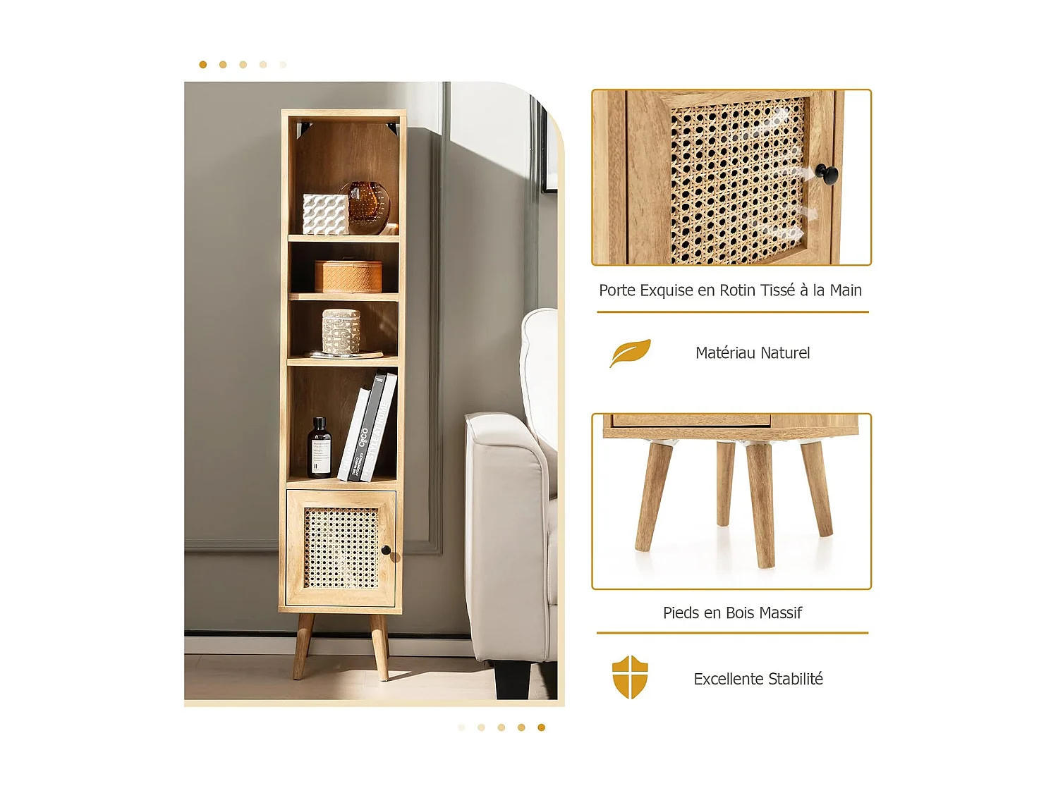 Opbergkolommeubels met rotandeur en massief houten poten, badkamermeubel verstelbare plank, Boheemse stijl, voor woonkamer, keuken, slaapkamer, 29,5x29,5x137cm