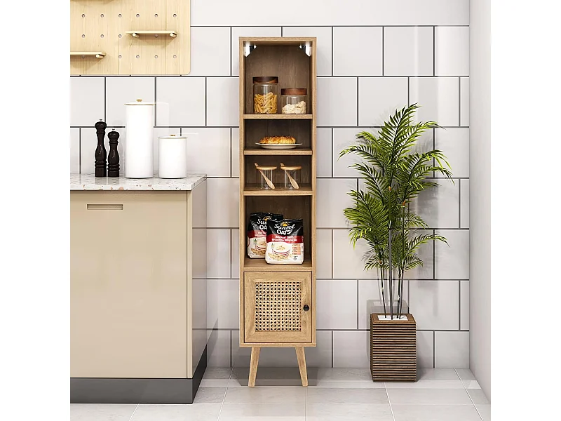 Opbergkolommeubels met rotandeur en massief houten poten, badkamermeubel verstelbare plank, Boheemse stijl, voor woonkamer, keuken, slaapkamer, 29,5x29,5x137cm