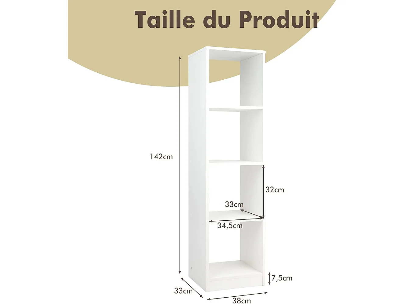 Bibliothèque Étagère Rangement à 5 Niveaux avec 4 Compartiments, Meuble Cube de Rangement en Bois pour Cuisine, Bureau, Salon, Salle d'Étude, 38 x 33 x 142 cm