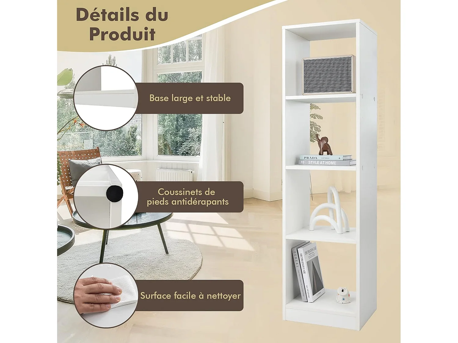 Bibliothèque Étagère Rangement à 5 Niveaux avec 4 Compartiments, Meuble Cube de Rangement en Bois pour Cuisine, Bureau, Salon, Salle d'Étude, 38 x 33 x 142 cm