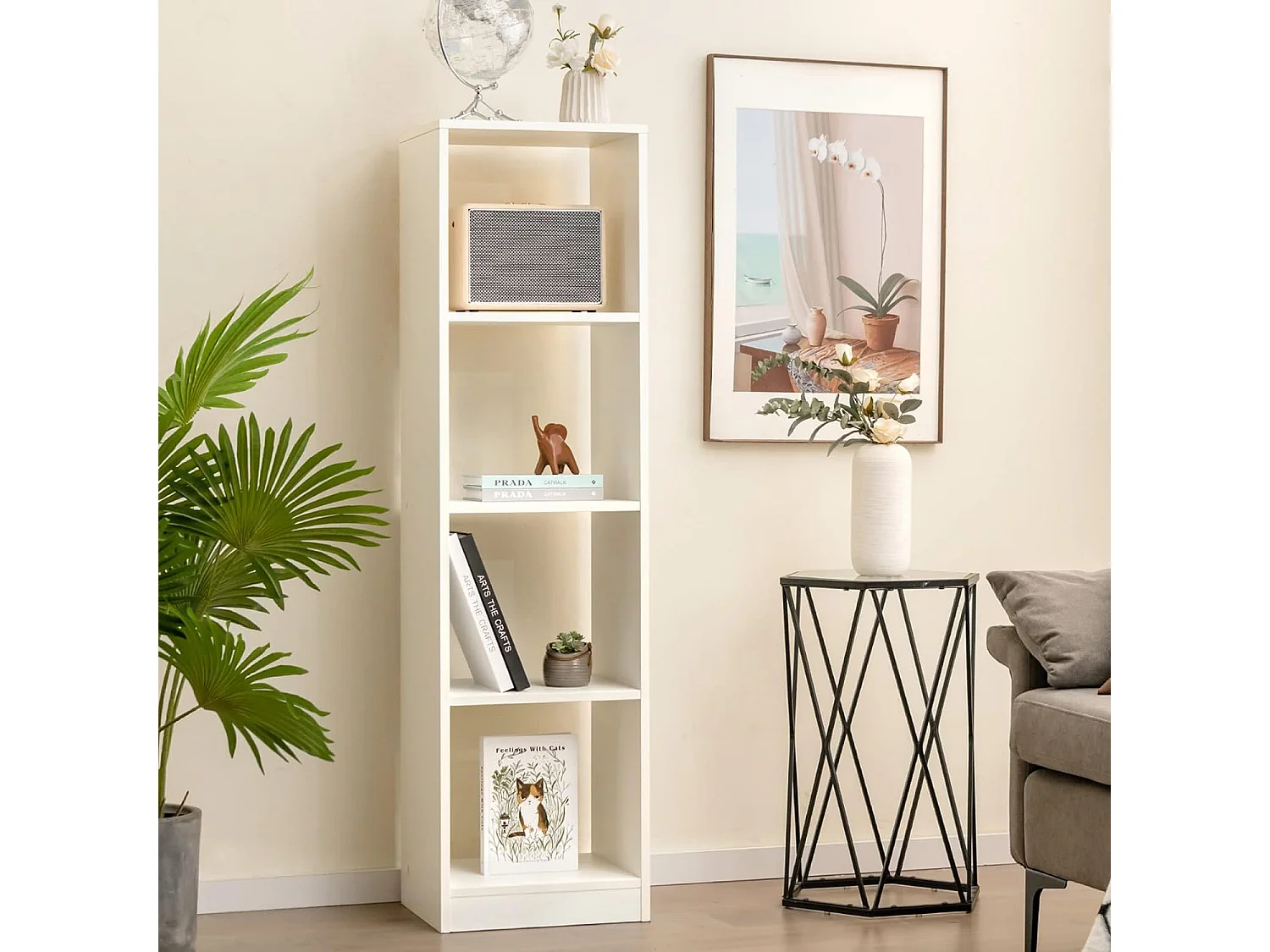 Bibliothèque Étagère Rangement à 5 Niveaux avec 4 Compartiments, Meuble Cube de Rangement en Bois pour Cuisine, Bureau, Salon, Salle d'Étude, 38 x 33 x 142 cm