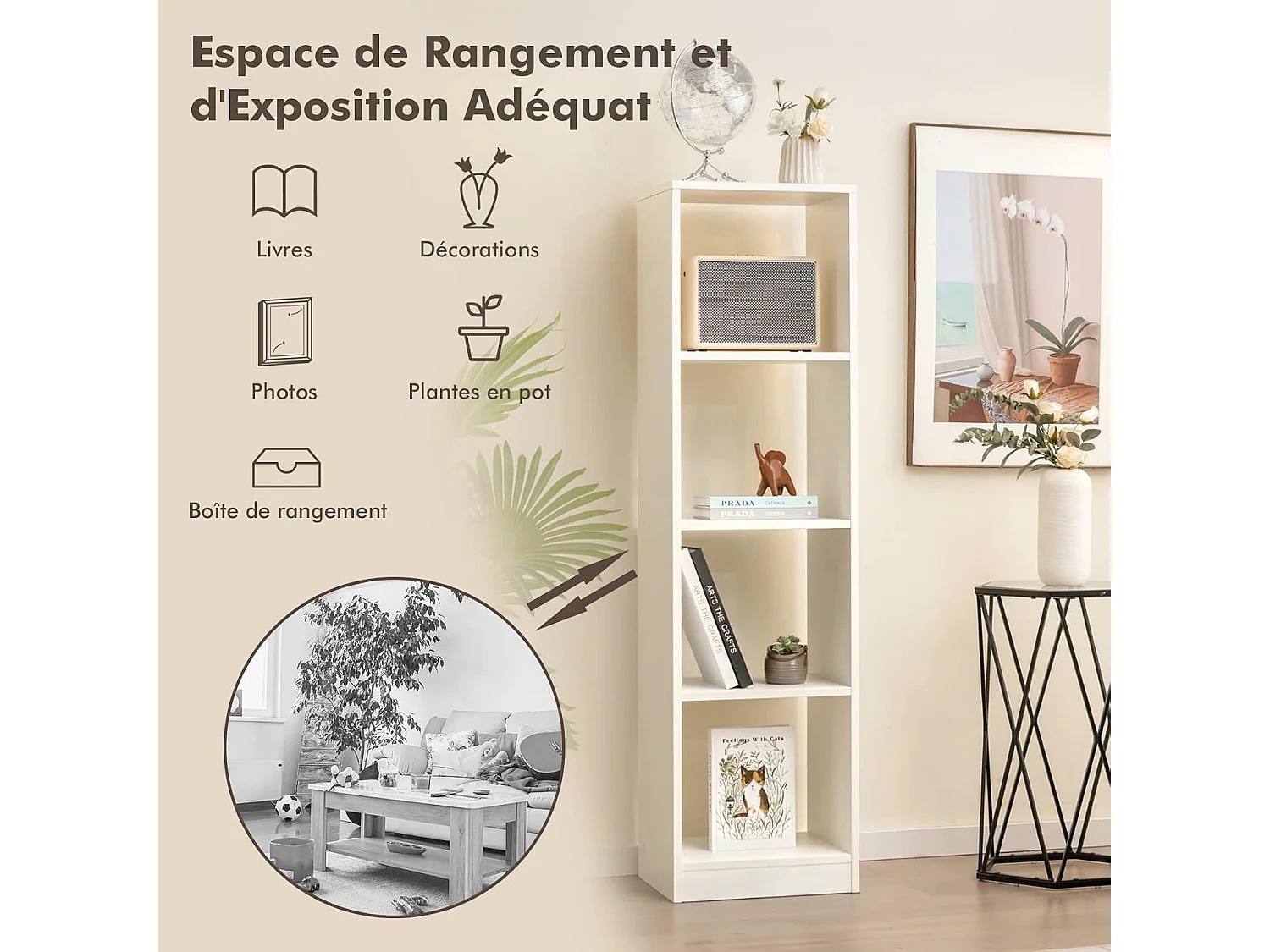 Bibliothèque Étagère Rangement à 5 Niveaux avec 4 Compartiments, Meuble Cube de Rangement en Bois pour Cuisine, Bureau, Salon, Salle d'Étude, 38 x 33 x 142 cm