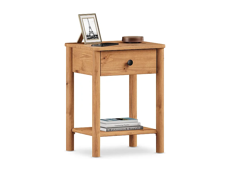 Table de chevet APOANA avec 1 tiroir et 1 tablette, dimensions montées 45 x 55 x 35 cm, pin massif coloris chêne, style naturel