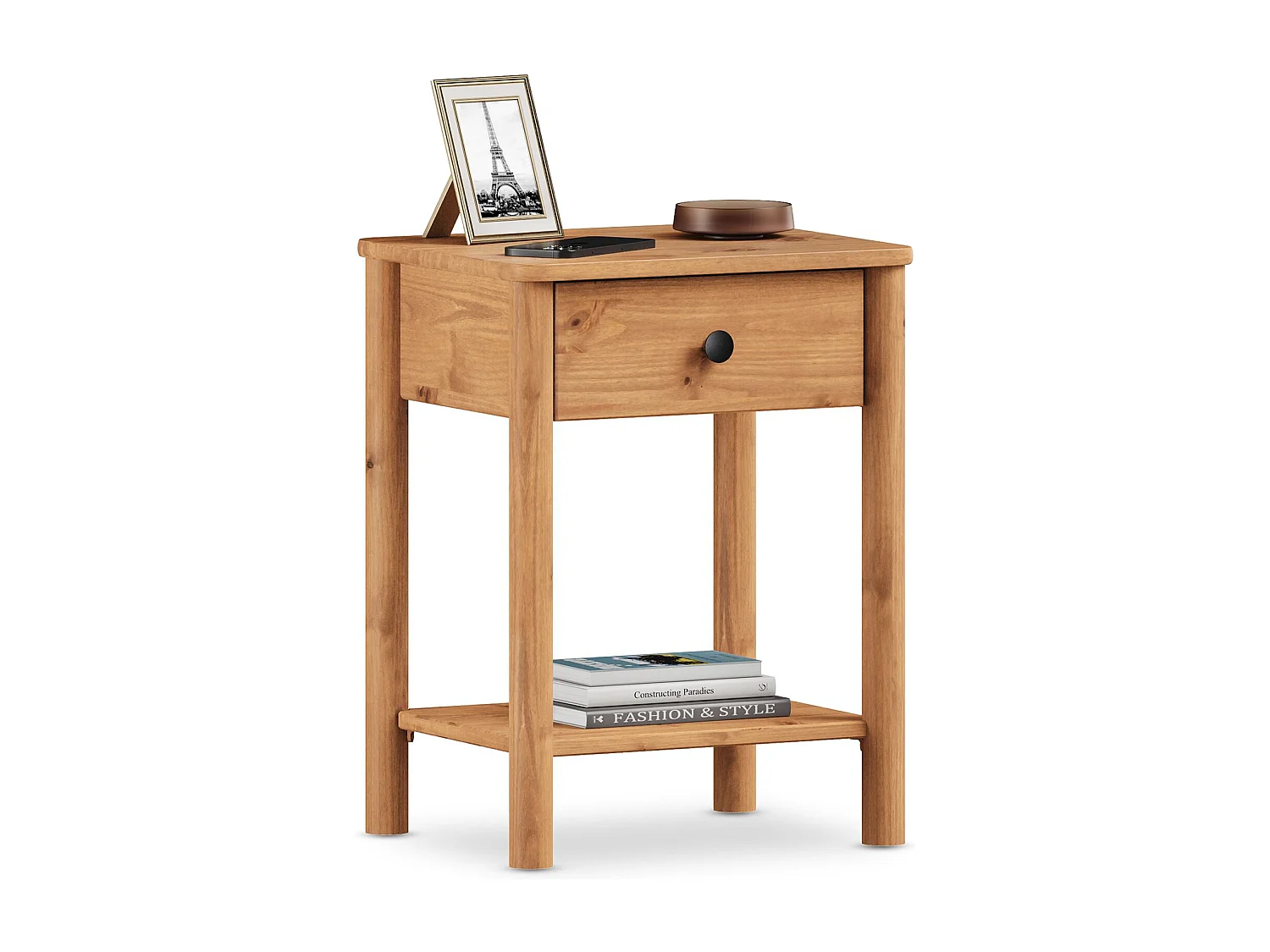 Table de chevet APOANA avec 1 tiroir et 1 tablette, dimensions montées 45 x 55 x 35 cm, pin massif coloris chêne, style naturel