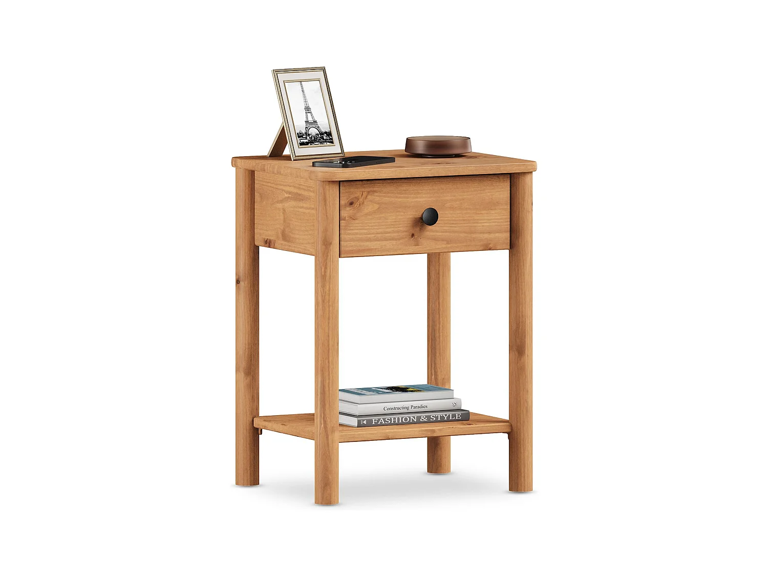 Table de chevet APOANA avec 1 tiroir et 1 tablette, dimensions montées 45 x 55 x 35 cm, pin massif coloris chêne, style naturel