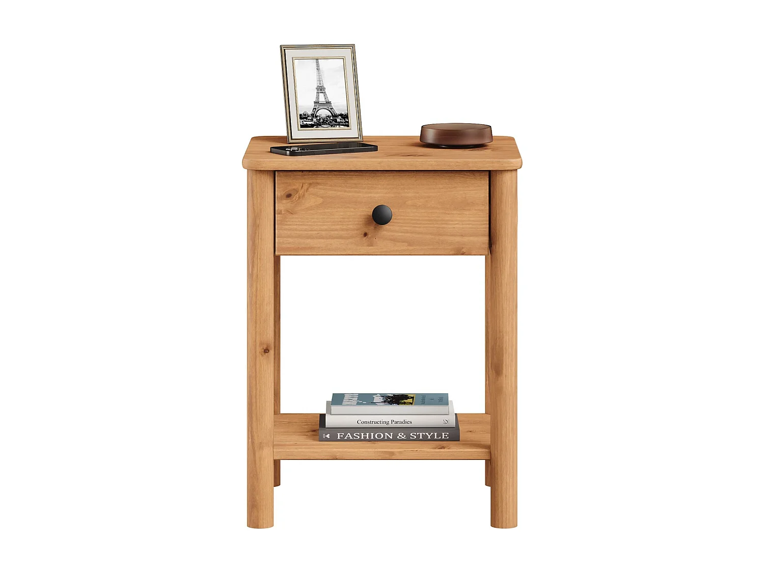 Table de chevet APOANA avec 1 tiroir et 1 tablette, dimensions montées 45 x 55 x 35 cm, pin massif coloris chêne, style naturel