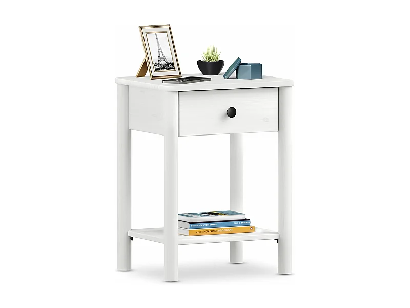 Table de chevet APOANA avec 1 tiroir et 1 tablette, dimensions montées 45 x 55 x 35 cm, pin massif blanc,  style naturel