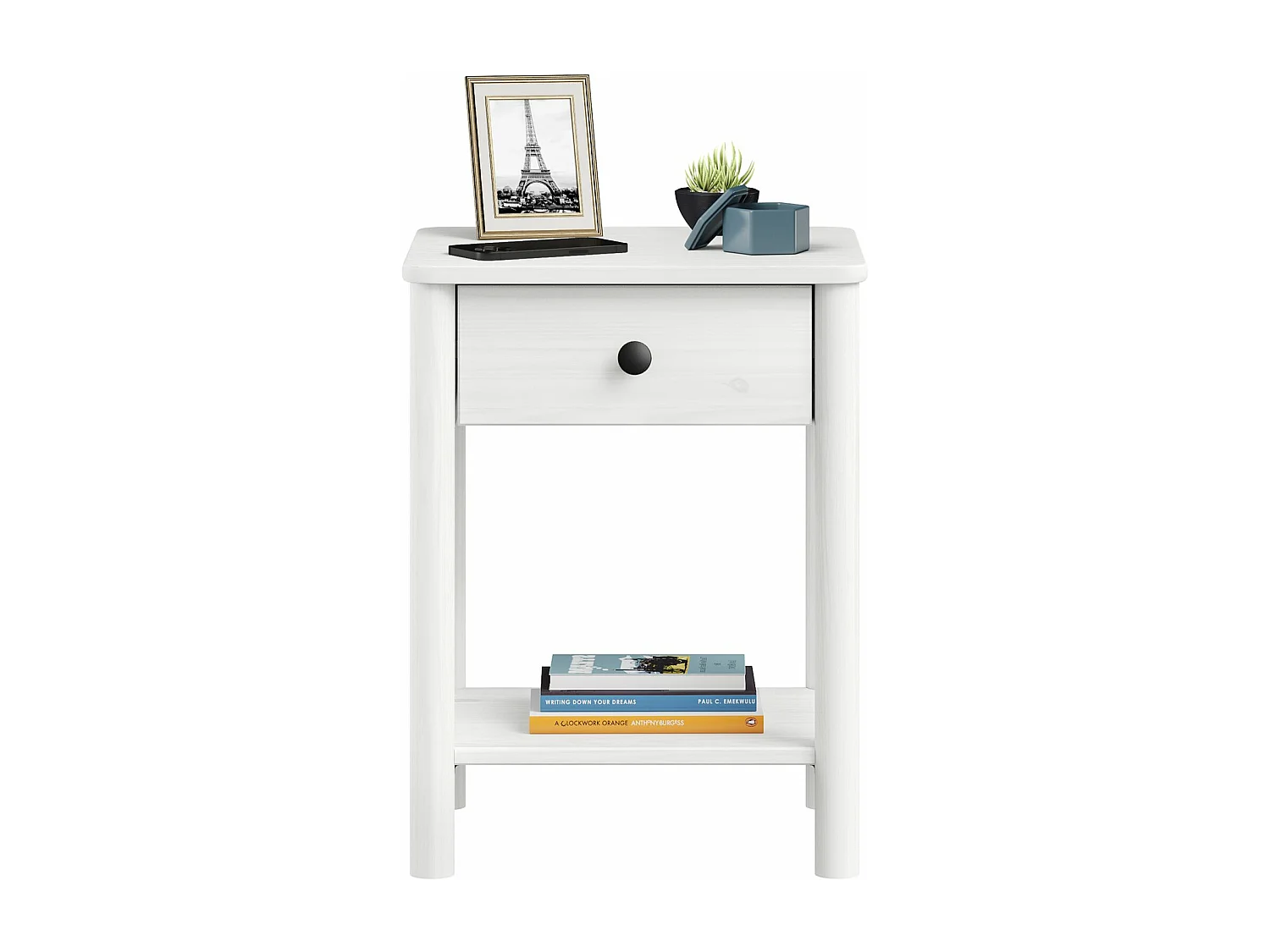 Table de chevet APOANA avec 1 tiroir et 1 tablette, dimensions montées 45 x 55 x 35 cm, pin massif blanc,  style naturel