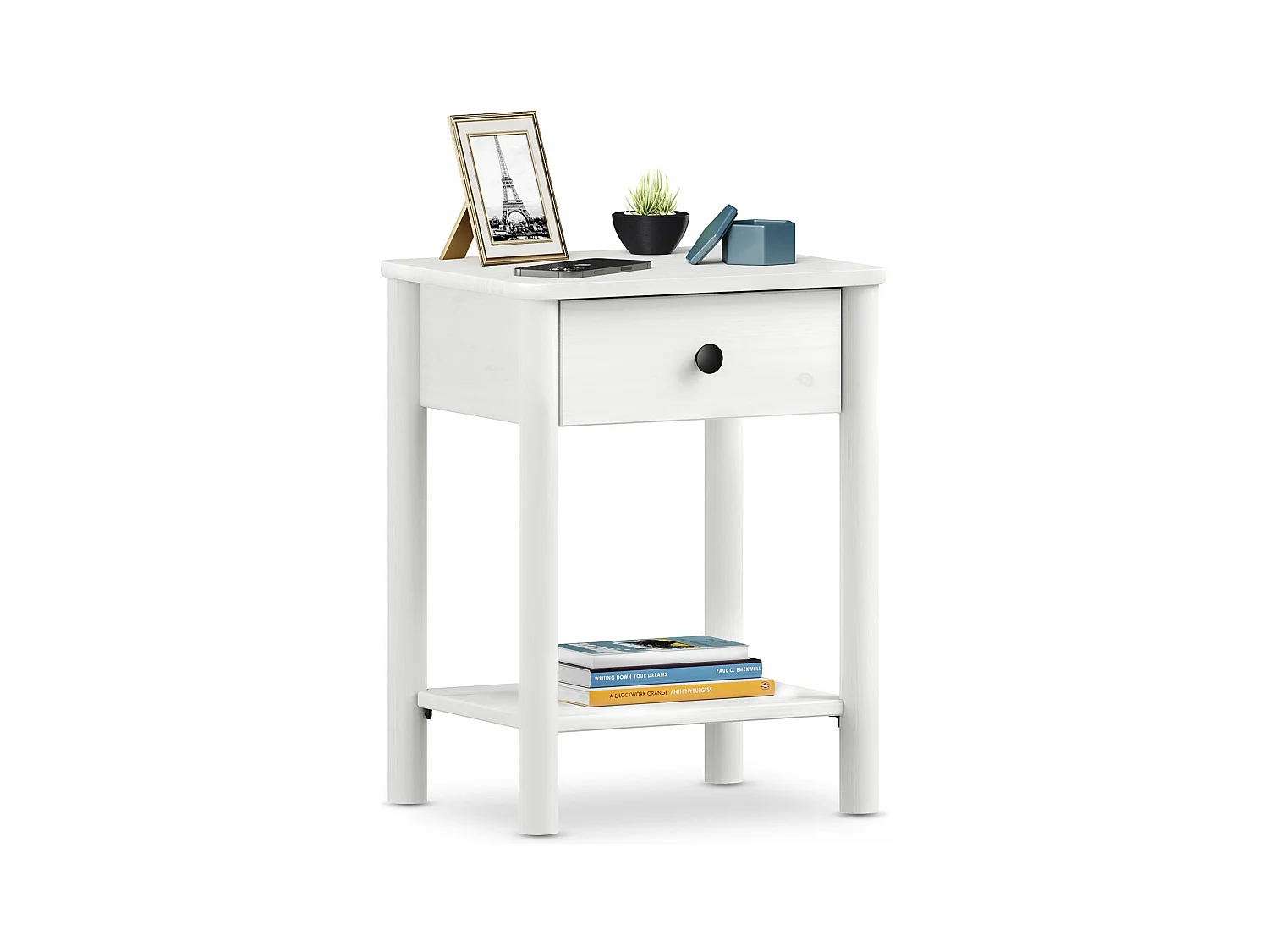 Table de chevet APOANA avec 1 tiroir et 1 tablette, dimensions montées 45 x 55 x 35 cm, pin massif blanc,  style naturel