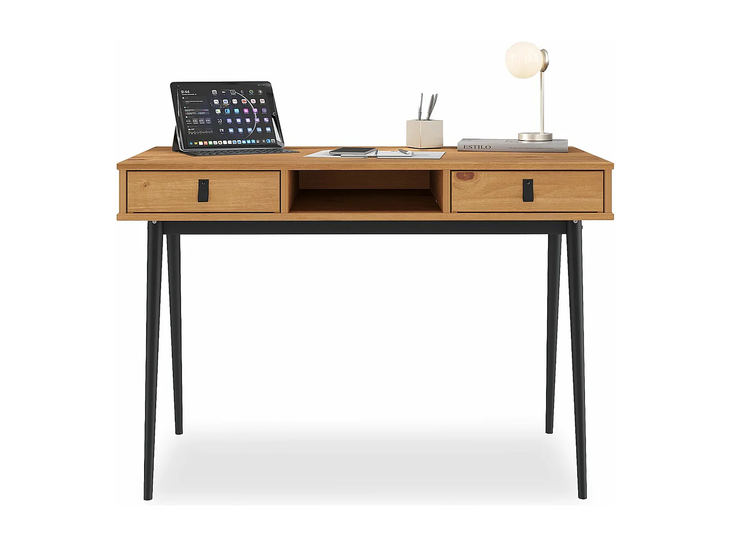 Bureau KIM secrétaire en pin massif avec 2 tiroirs et 1 niche bois lasuré chêne/noir