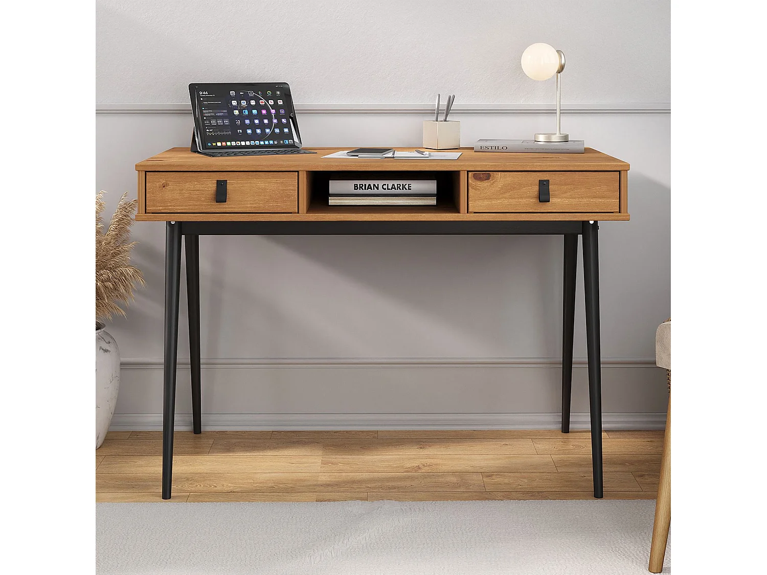 Bureau KIM secrétaire en pin massif avec 2 tiroirs et 1 niche bois lasuré chêne/noir