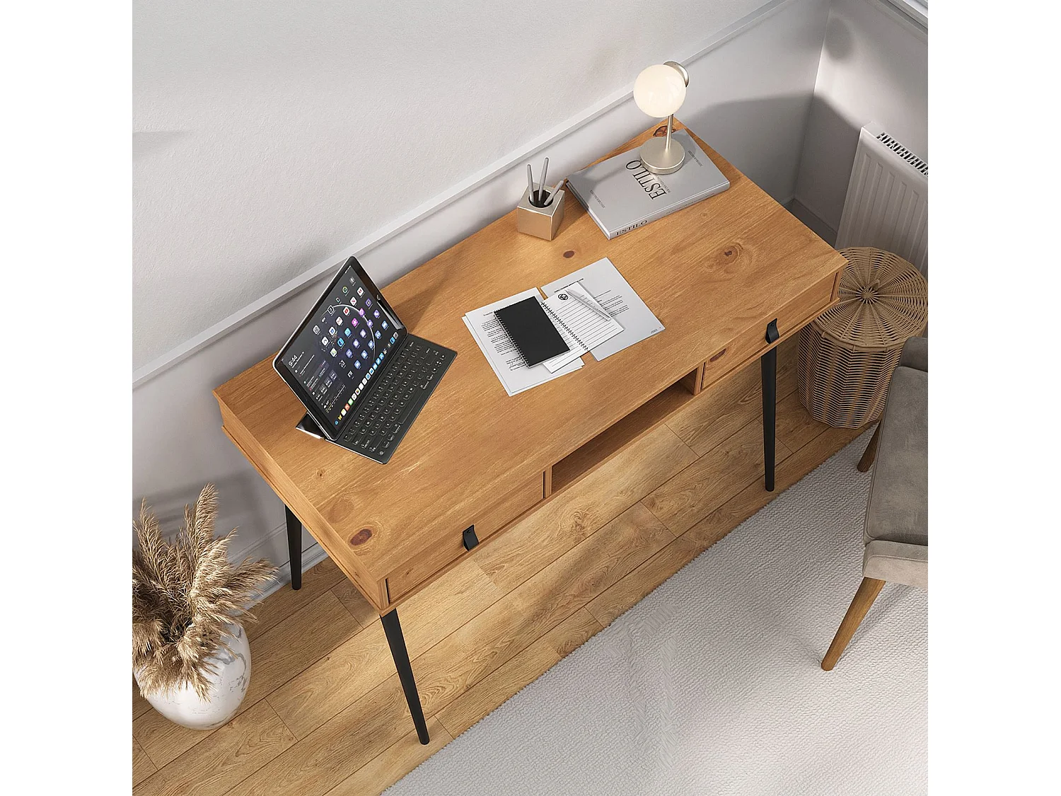 Bureau KIM secrétaire en pin massif avec 2 tiroirs et 1 niche bois lasuré chêne/noir