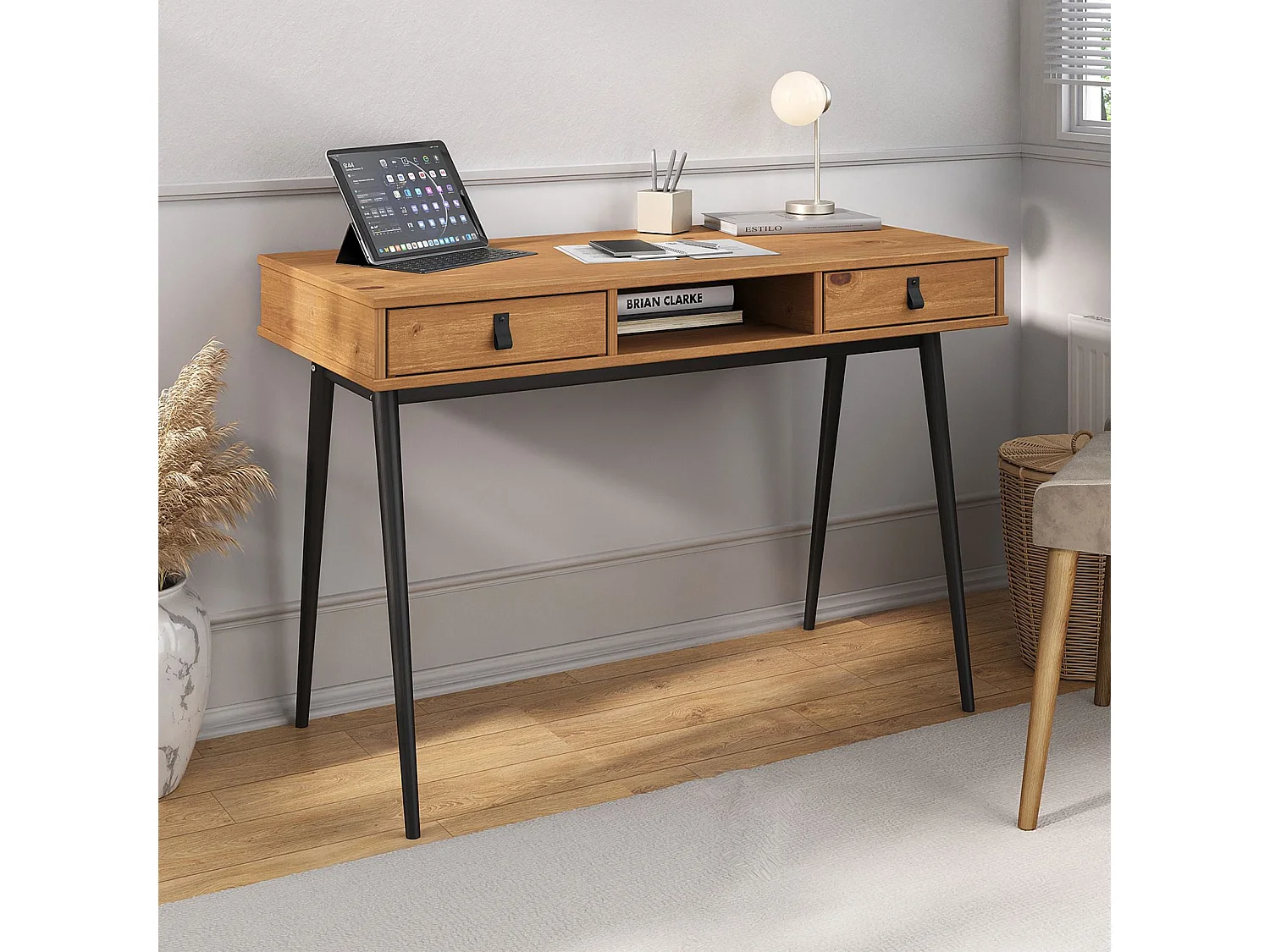 Bureau KIM secrétaire en pin massif avec 2 tiroirs et 1 niche bois lasuré chêne/noir