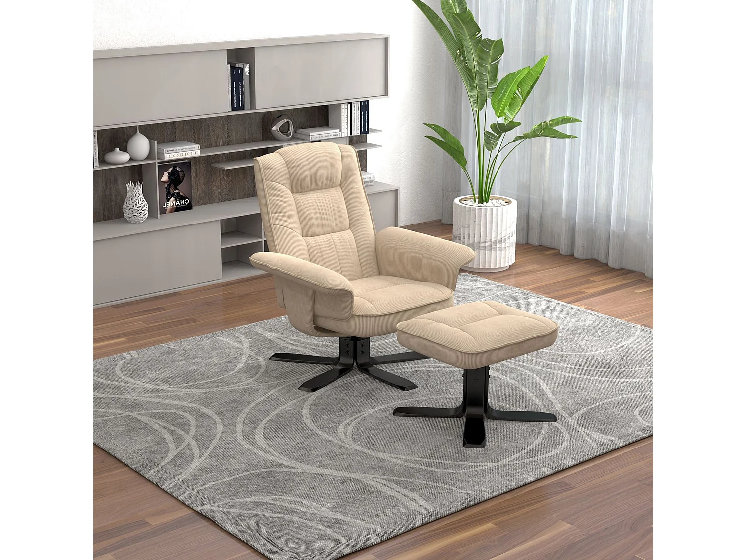 IDIMEX Fauteuil de Relaxation Charly avec Repose-Pieds pouf, siège pivotant et Dossier inclinable en velours côtelé  beige/noir