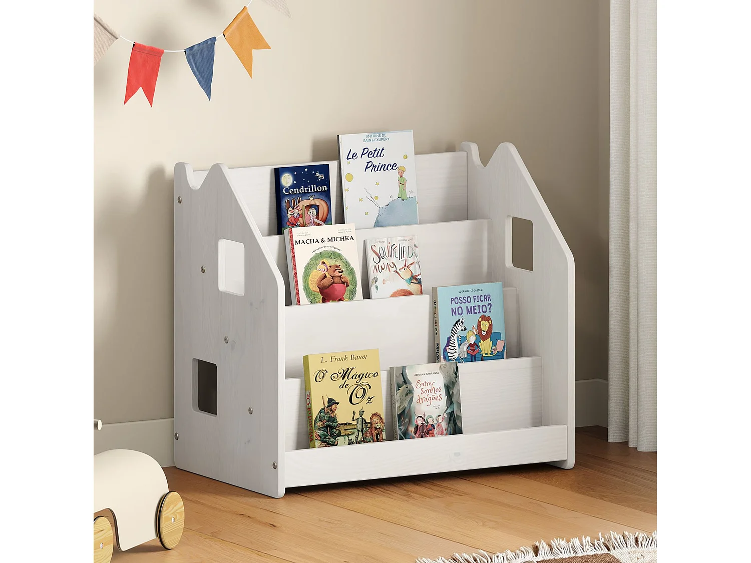 Bibliothèque enfant BRUNO, Rangement livres pour chambre enfant, 4 Compartiments, En pin massif laqué blanc