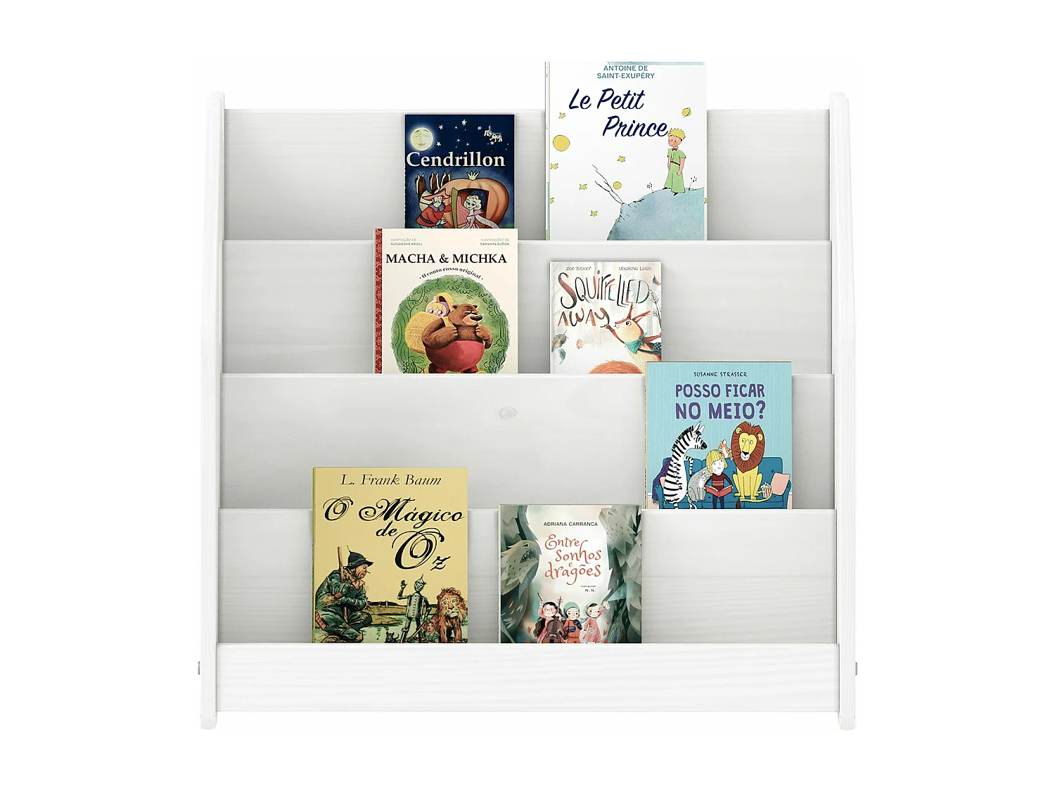 Bibliothèque enfant BRUNO, Rangement livres pour chambre enfant, 4 Compartiments, En pin massif laqué blanc