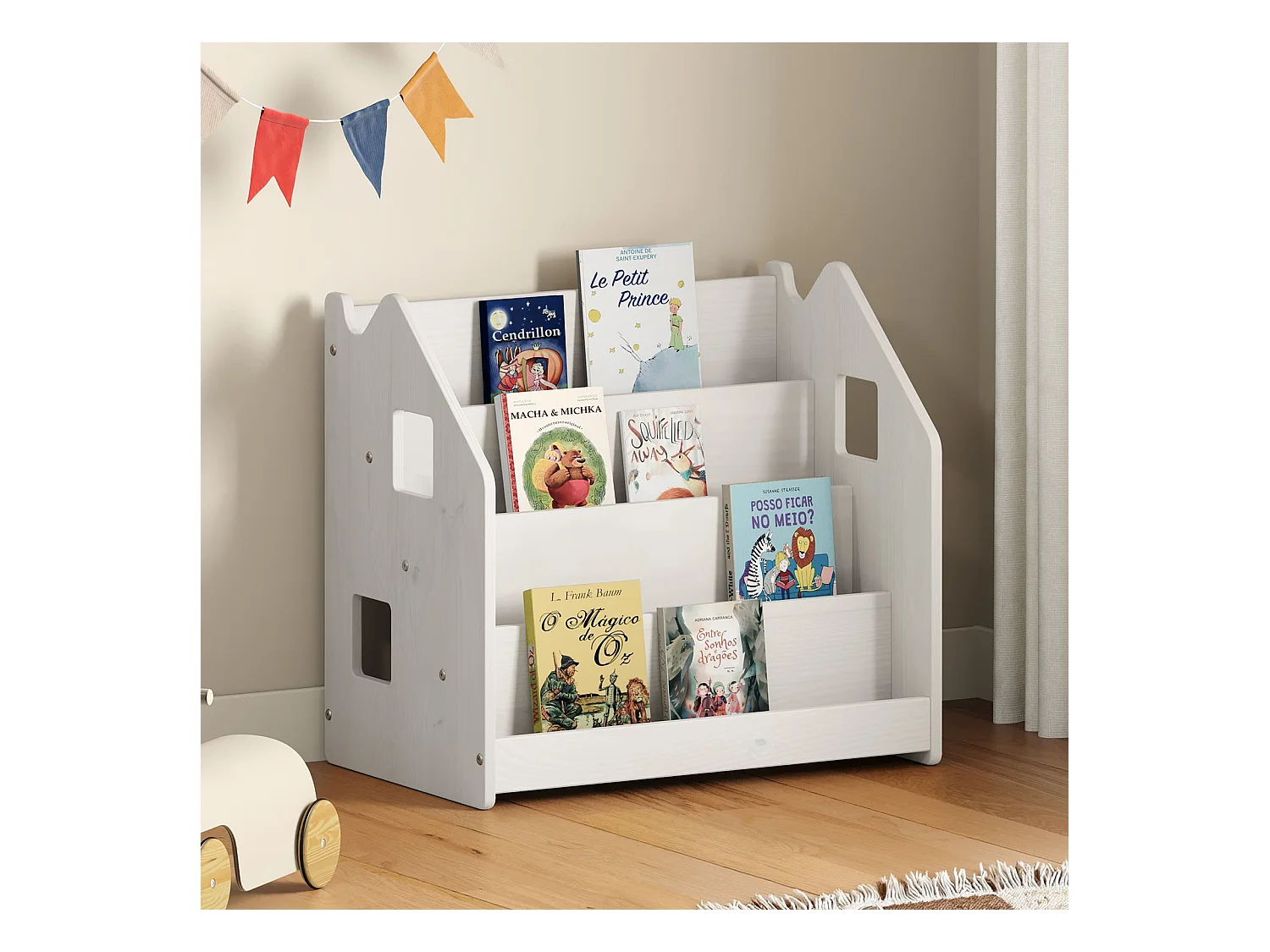 Bibliothèque enfant BRUNO, Rangement livres pour chambre enfant, 4 Compartiments, En pin massif laqué blanc