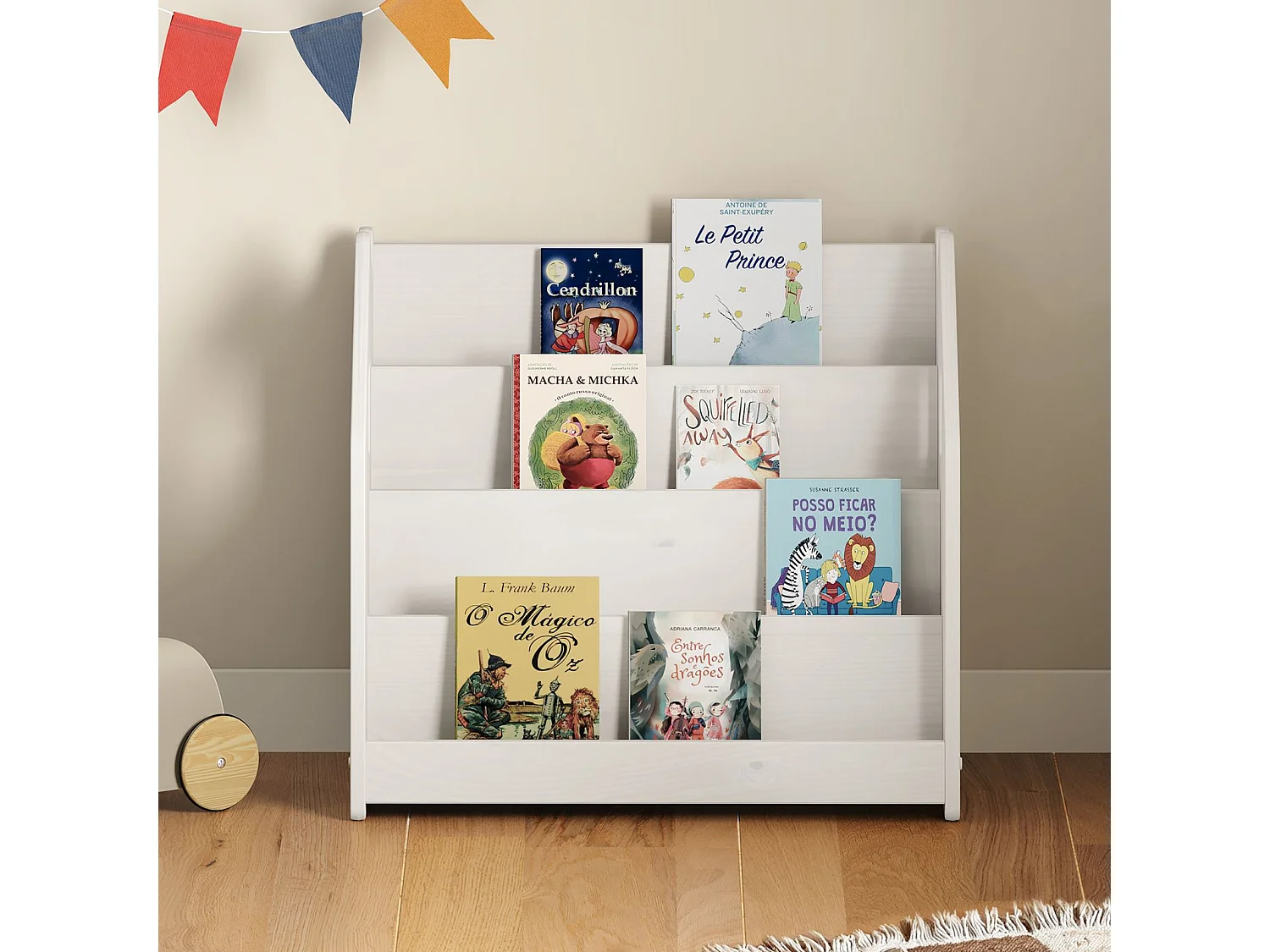 Bibliothèque enfant BRUNO, Rangement livres pour chambre enfant, 4 Compartiments, En pin massif laqué blanc