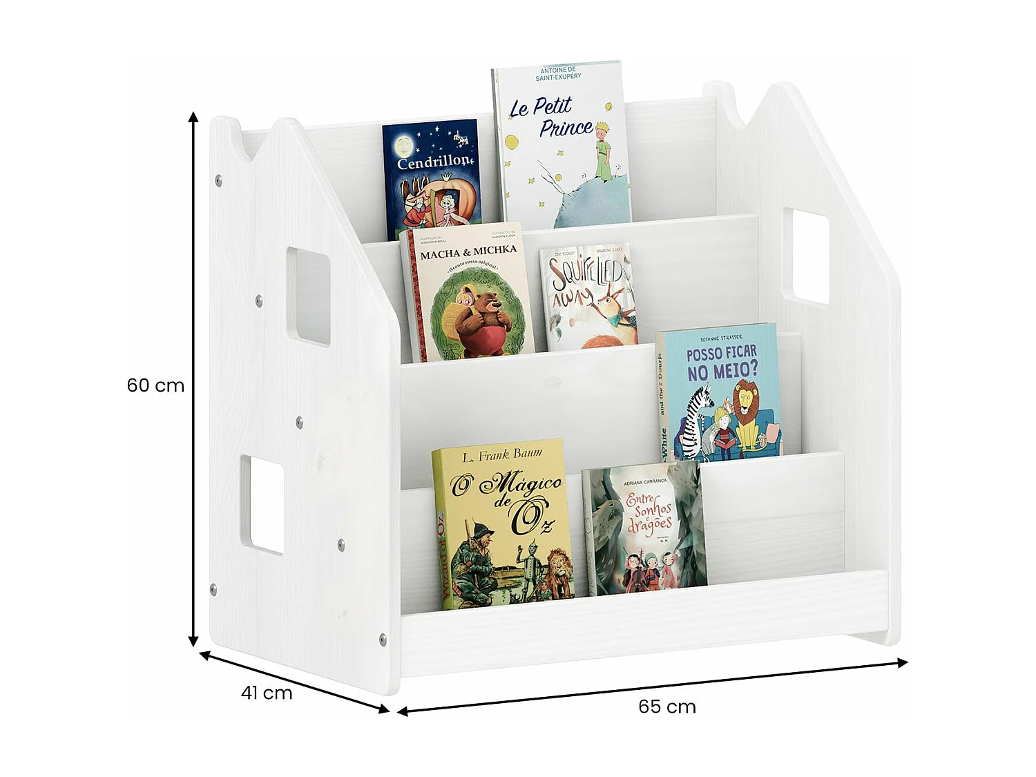 Bibliothèque enfant BRUNO, Rangement livres pour chambre enfant, 4 Compartiments, En pin massif laqué blanc