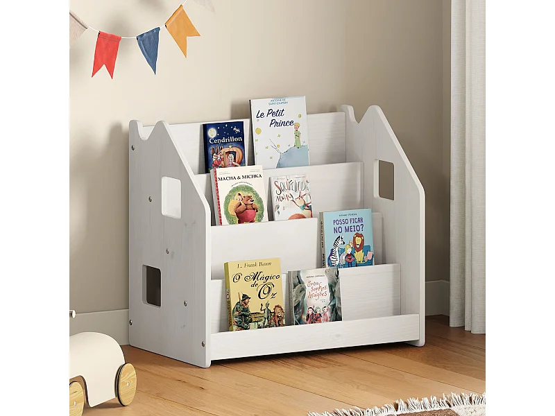 Bibliothèque enfant BRUNO, Rangement livres pour chambre enfant, 4 Compartiments, En pin massif laqué blanc