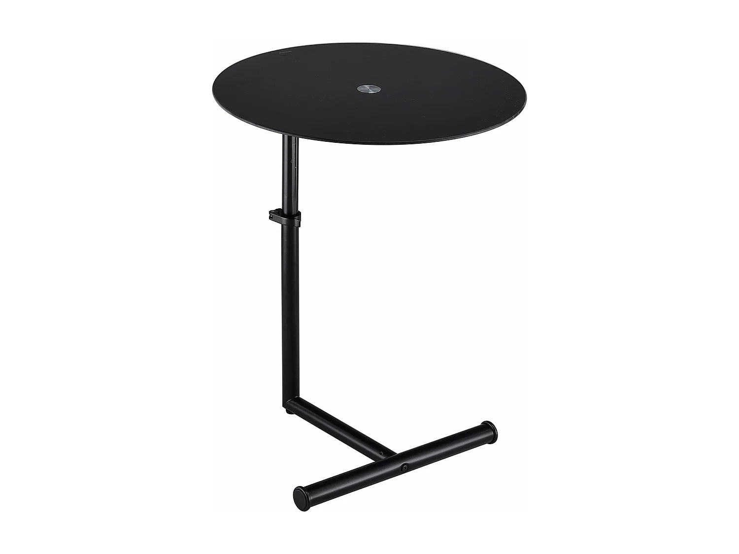 Table d'appoint LEONIE bout de canapé rond avec hauteur réglable, structure en métal laqué et plateau en verre trempé noir