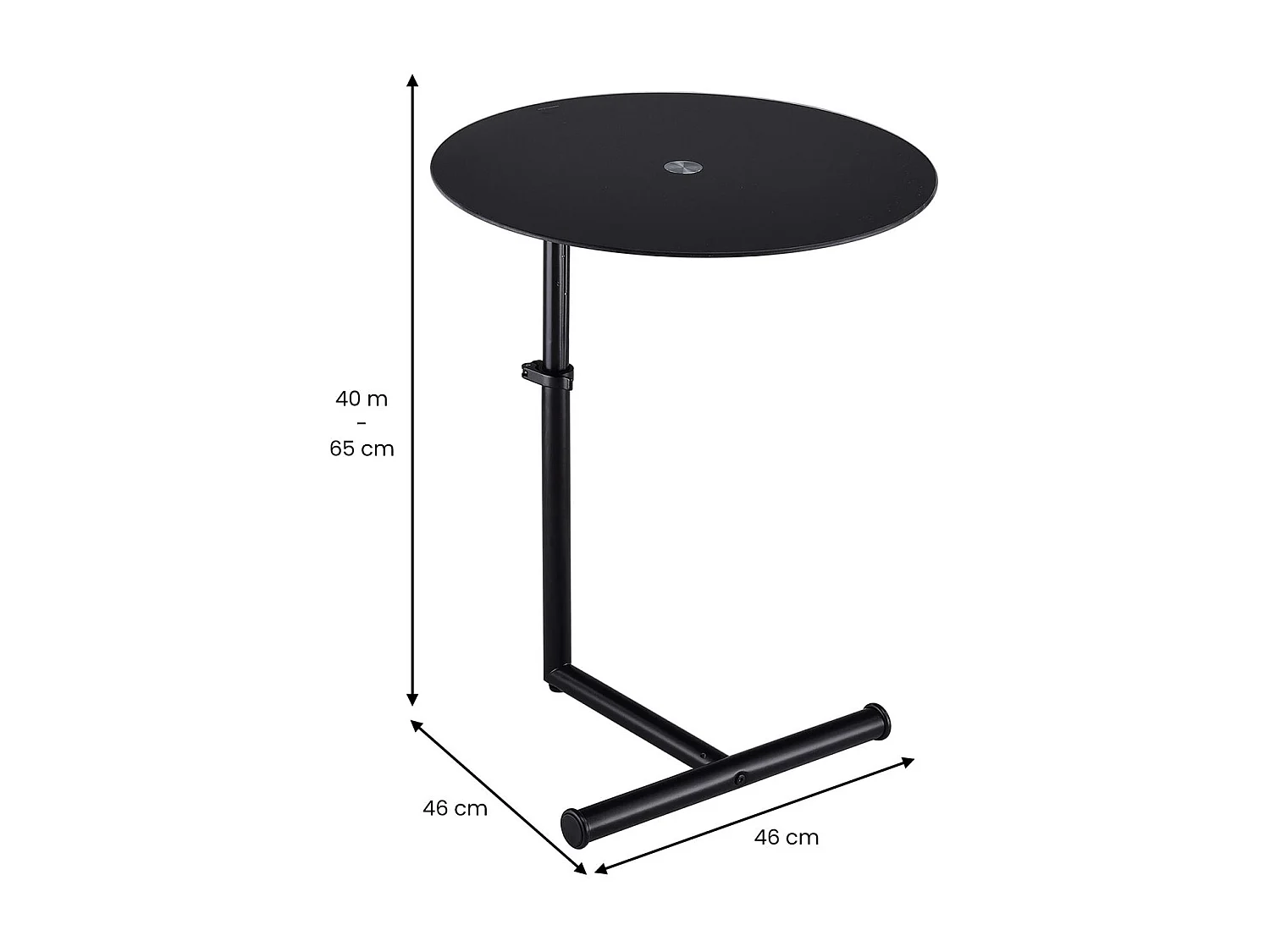 Table d'appoint LEONIE bout de canapé rond avec hauteur réglable, structure en métal laqué et plateau en verre trempé noir