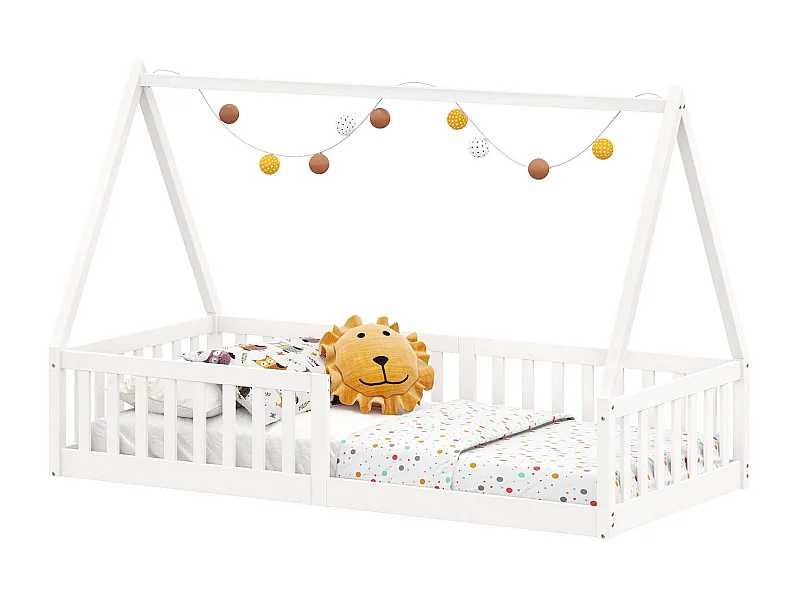 Lit cabane enfant 90x200 cm NICOLAS lit Simple montessori avec Barrières de Protection en Bois Massif, Laqué blanc