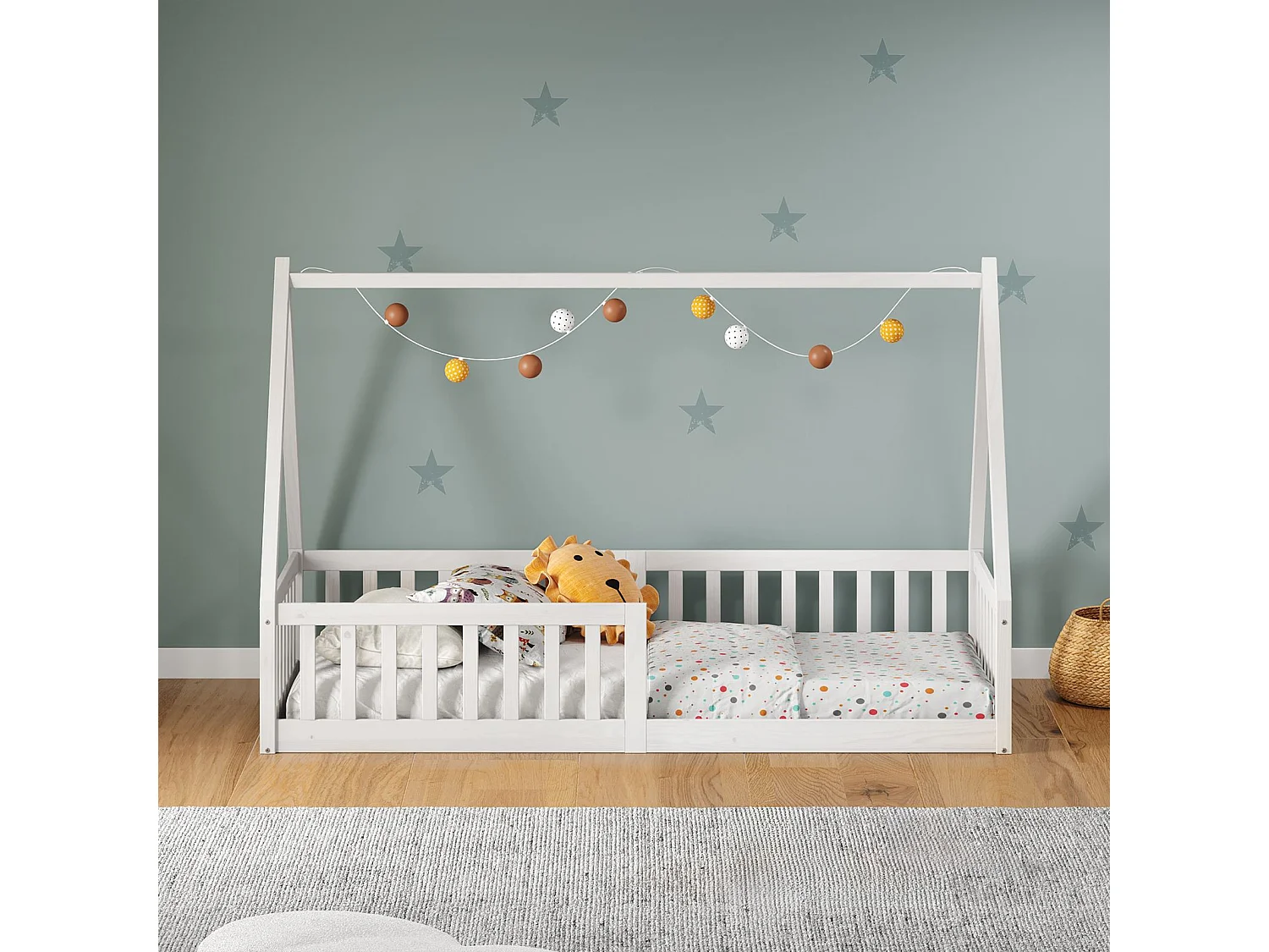 Lit cabane enfant 90x200 cm NICOLAS lit Simple montessori avec Barrières de Protection en Bois Massif, Laqué blanc