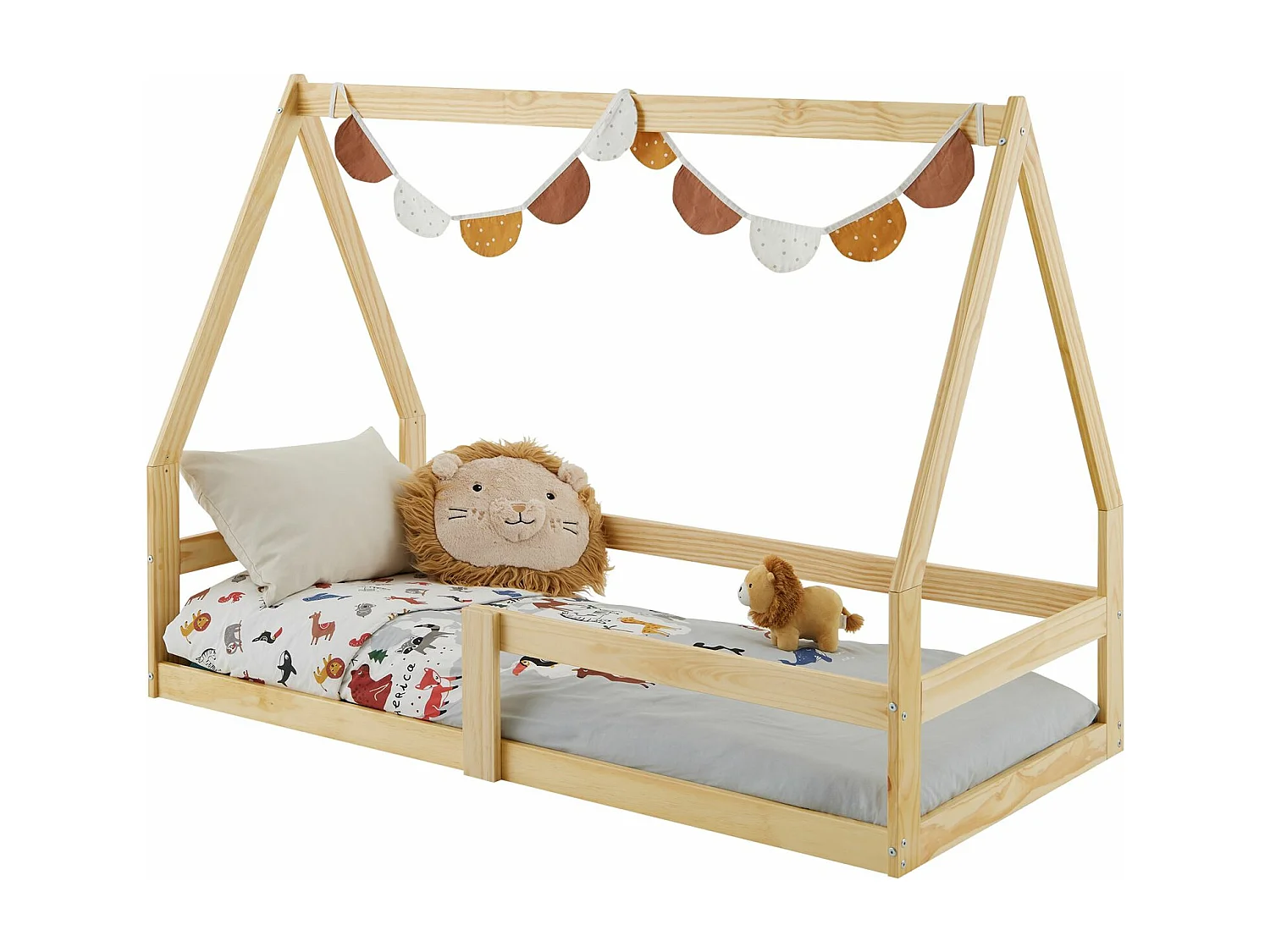 Lit cabane TAMI 70x140 cm, lit simple 1 place pour bébé ou enfant de type Montessori, en pin massif naturel