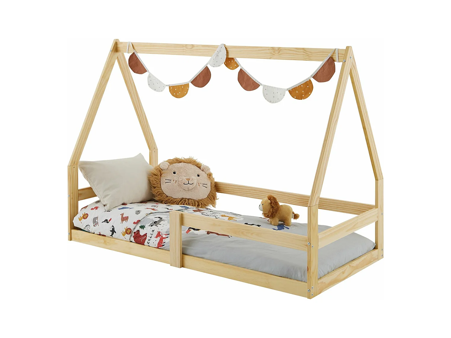 Lit cabane TAMI 70x140 cm, lit simple 1 place pour bébé ou enfant de type Montessori, en pin massif naturel