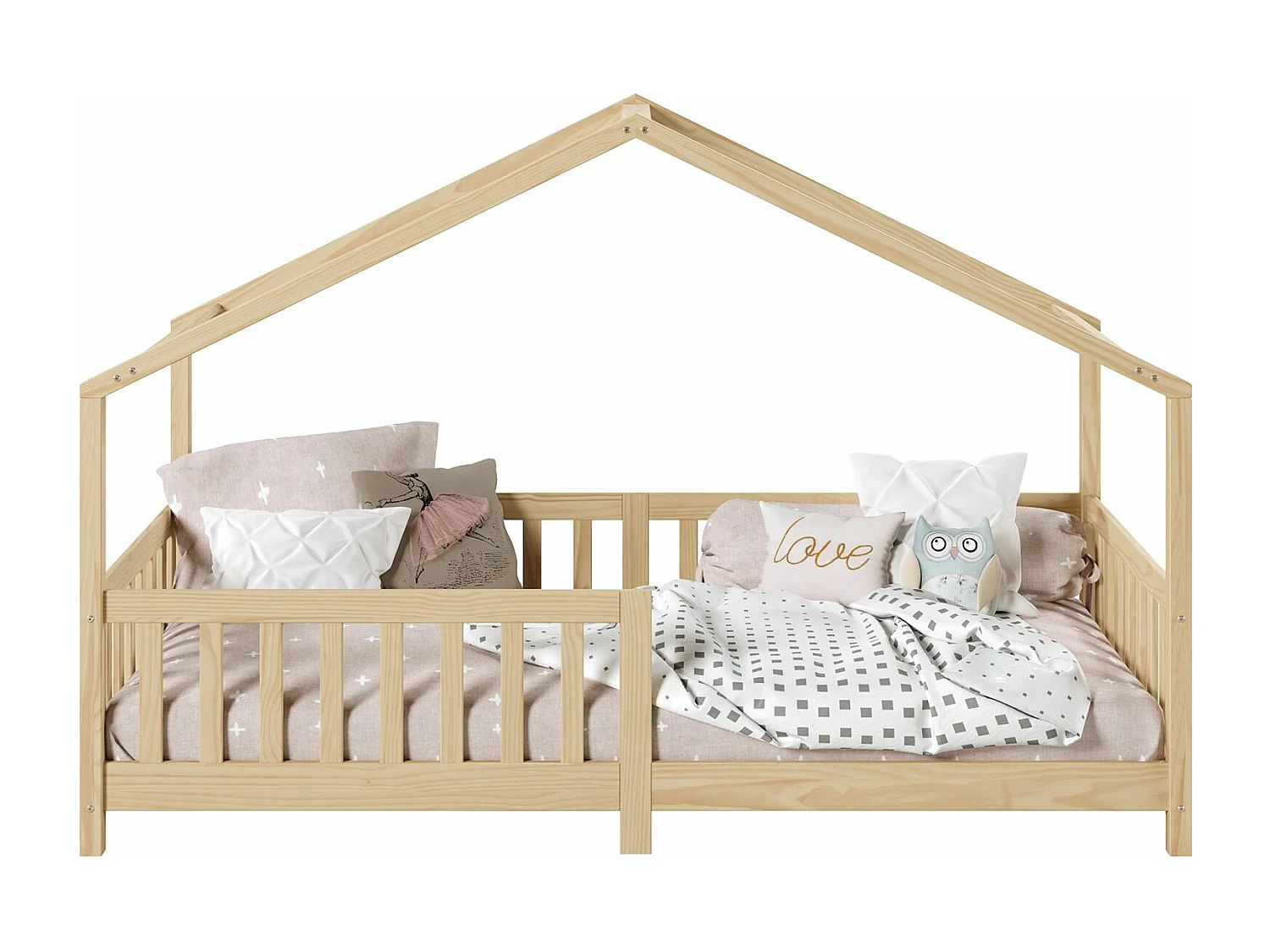 Lit cabane enfant 90x200 cm LISAN lit Simple montessori avec Barrières de Protection en Bois Massif naturel