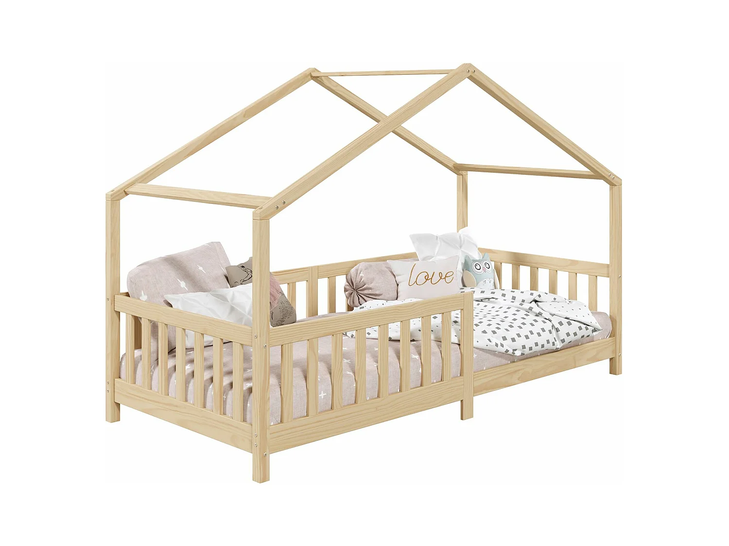 Lit cabane enfant 90x200 cm LISAN lit Simple montessori avec Barrières de Protection en Bois Massif naturel