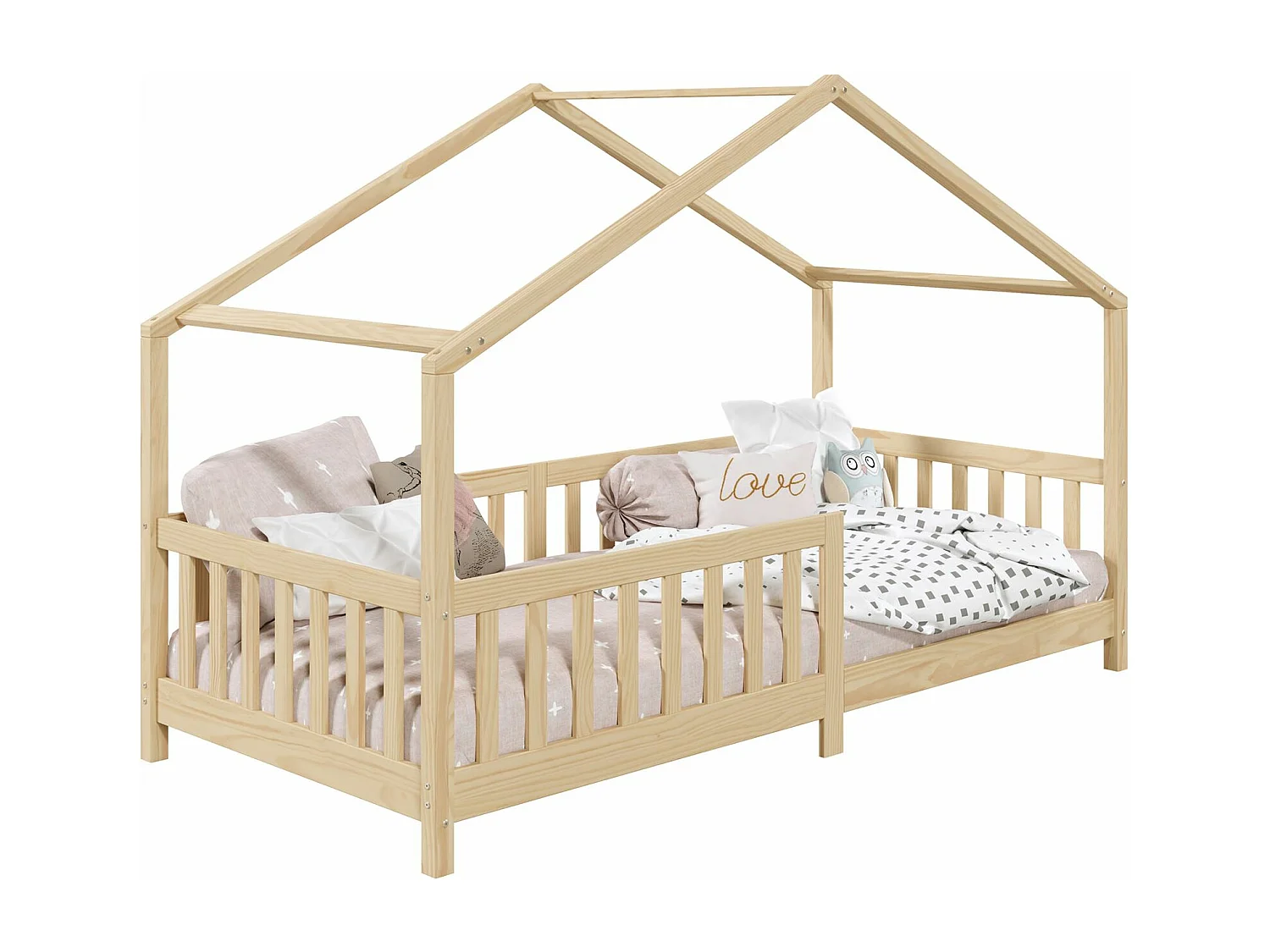 Lit cabane enfant 90x200 cm LISAN lit Simple montessori avec Barrières de Protection en Bois Massif naturel